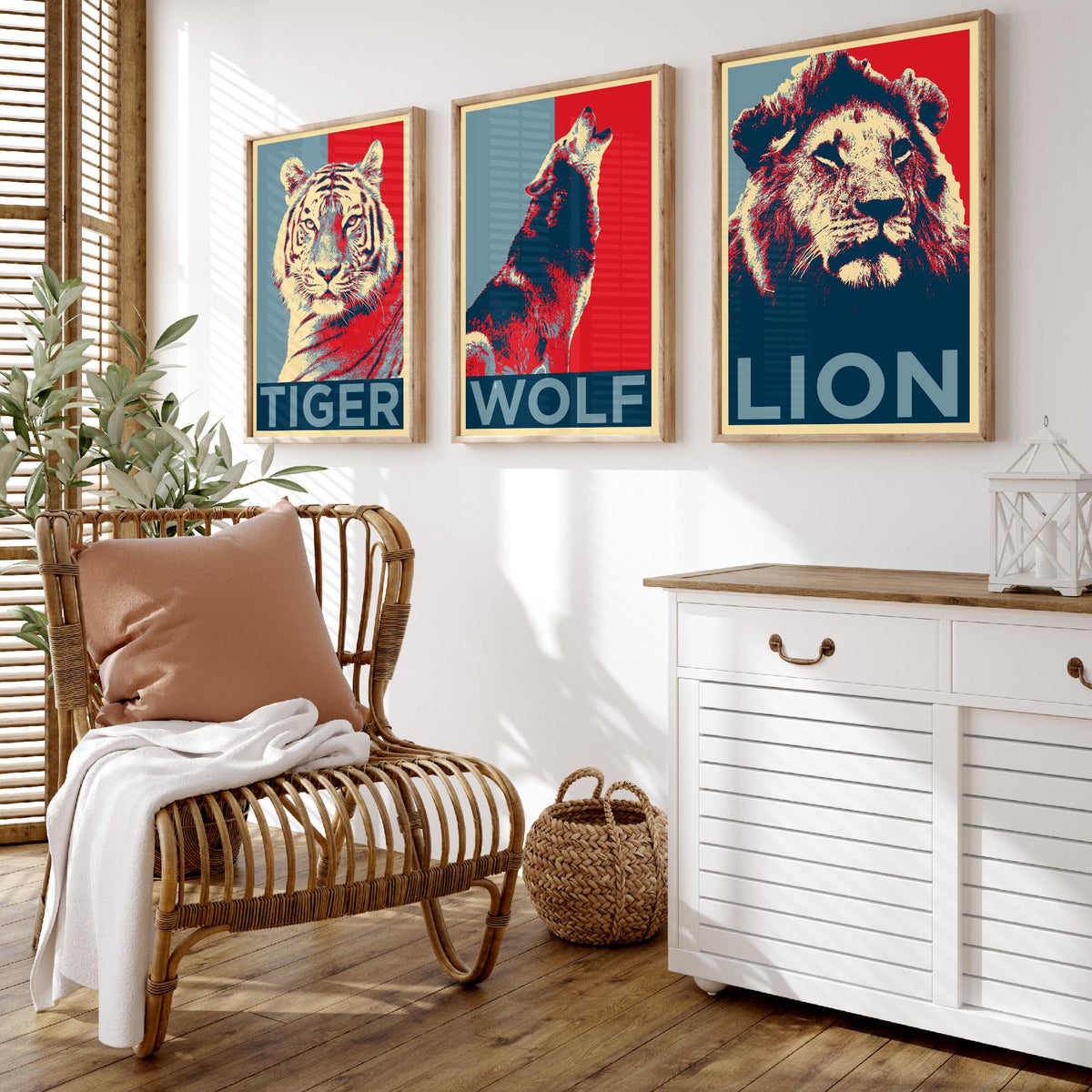Animal Predators Set of Three Art Prints - Tiger, Wolf, Lion - Retro Red and Blue Pop Art Poster Illustration