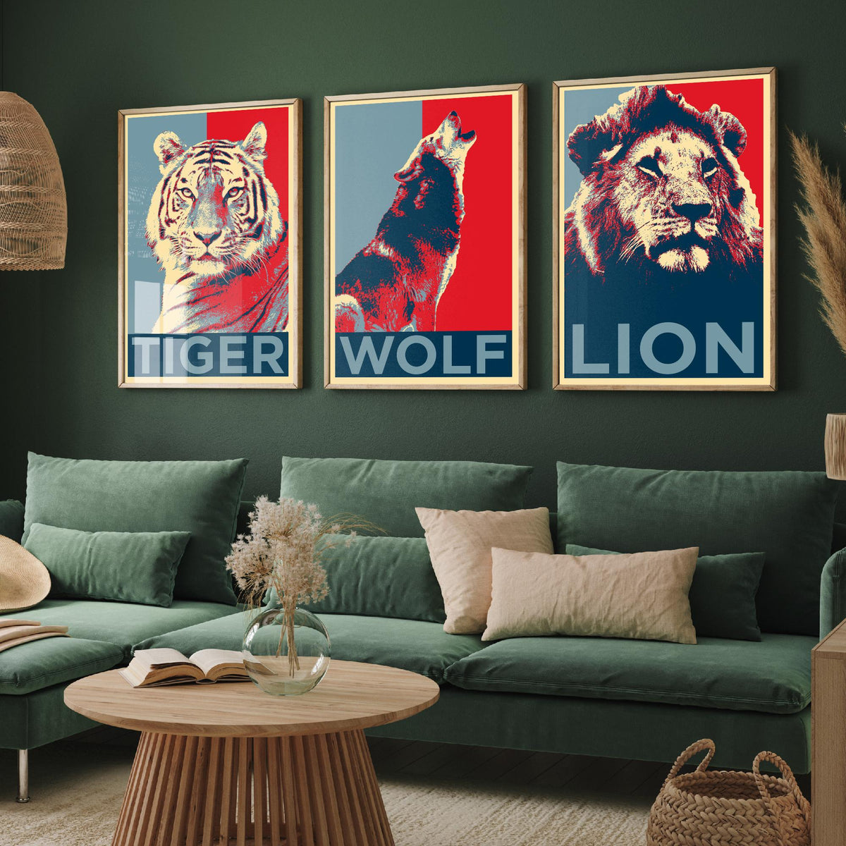 Animal Predators Set of Three Art Prints - Tiger, Wolf, Lion - Retro Red and Blue Pop Art Poster Illustration