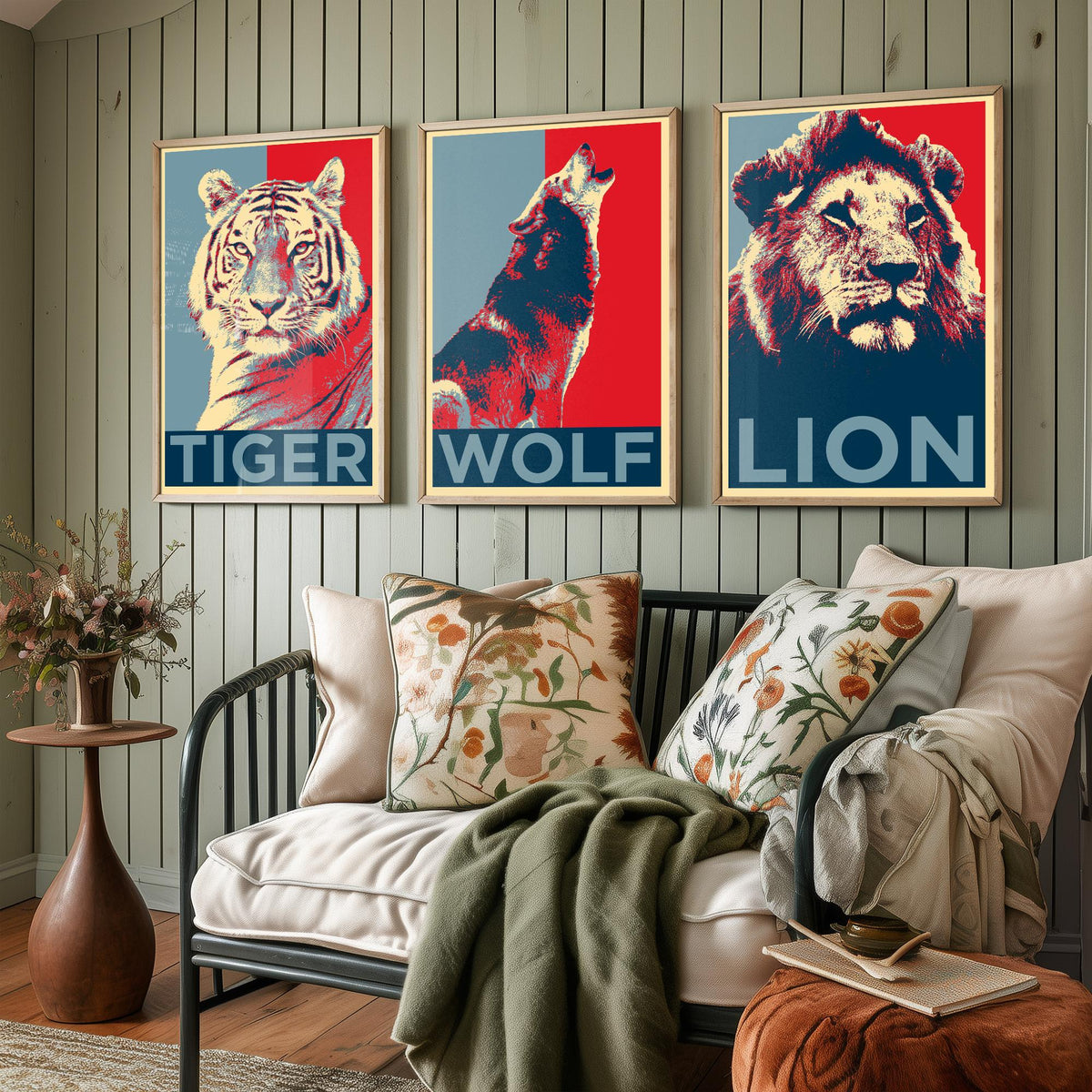 Animal Predators Set of Three Art Prints - Tiger, Wolf, Lion - Retro Red and Blue Pop Art Poster Illustration