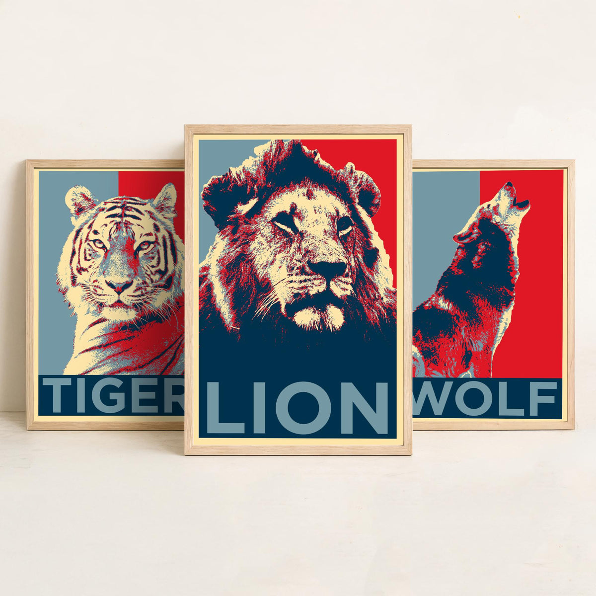 Animal Predators Set of Three Art Prints - Tiger, Wolf, Lion - Retro Red and Blue Pop Art Poster Illustration