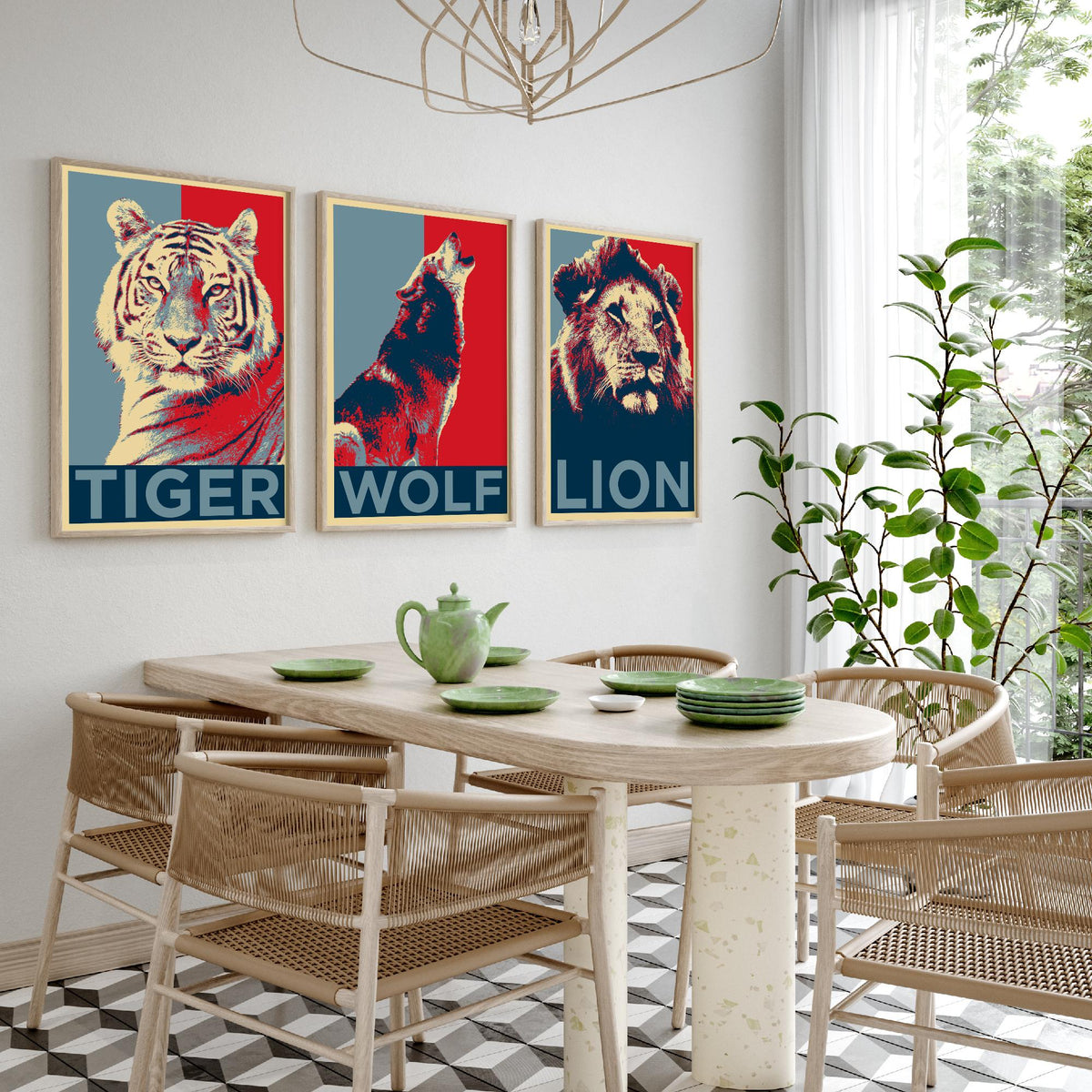 Animal Predators Set of Three Art Prints - Tiger, Wolf, Lion - Retro Red and Blue Pop Art Poster Illustration