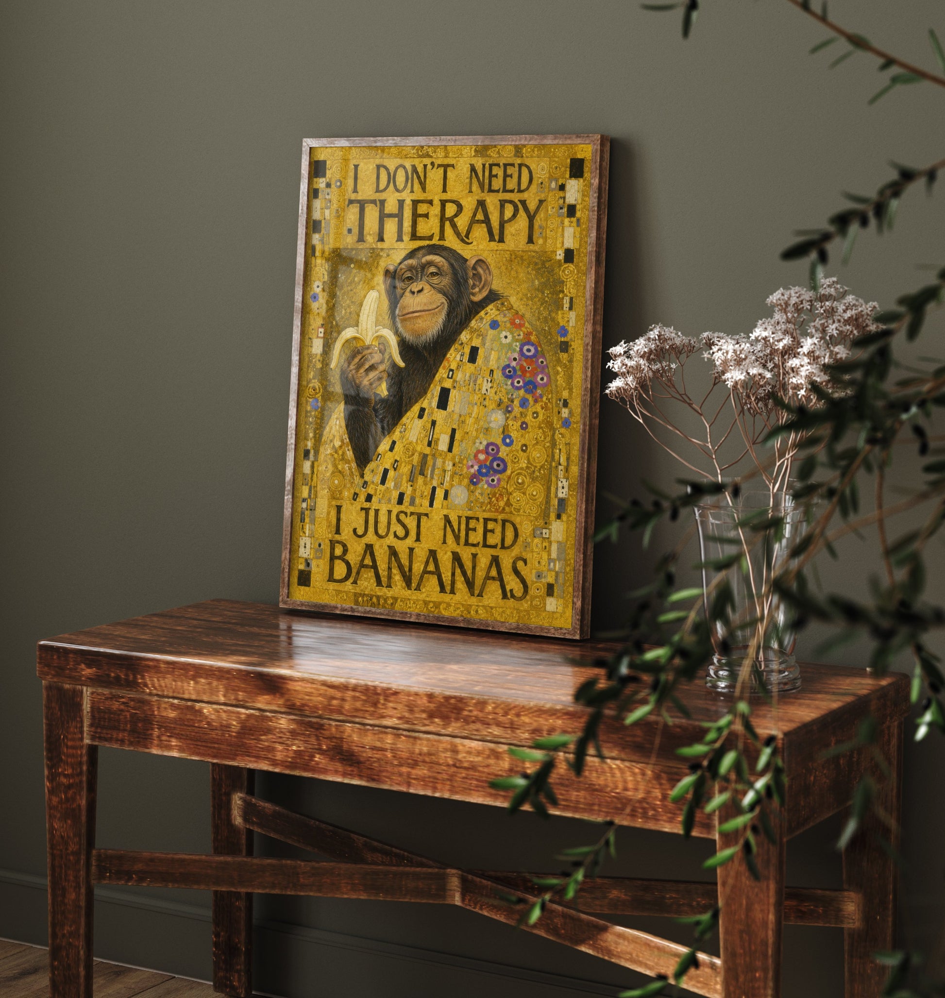 Chimp Art Print - I Don't Need Therapy I Just Need Bananas - Funny Quote Poster Illustration - Klimt 2/3