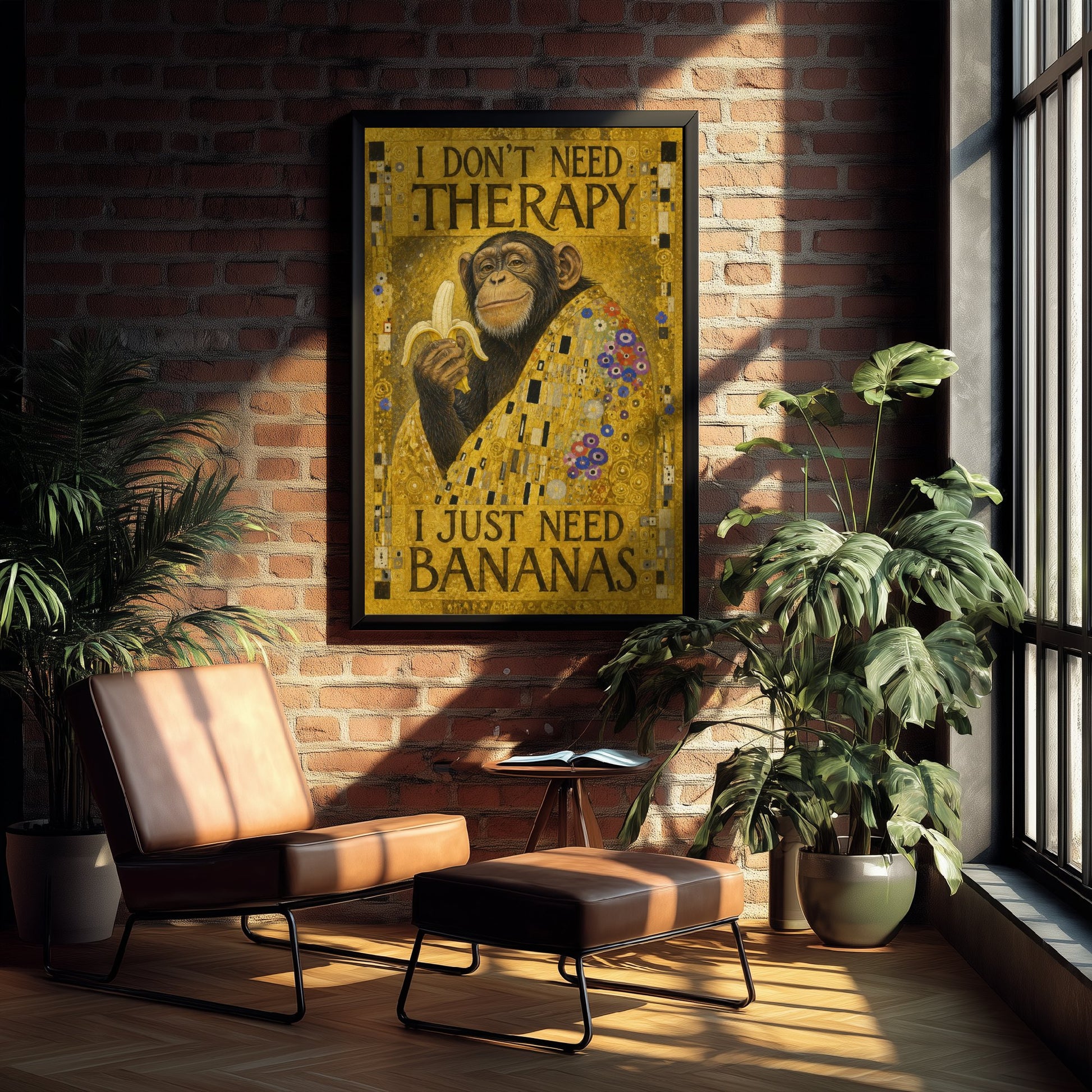 Chimp Art Print - I Don't Need Therapy I Just Need Bananas - Funny Quote Poster Illustration - Klimt 2/3