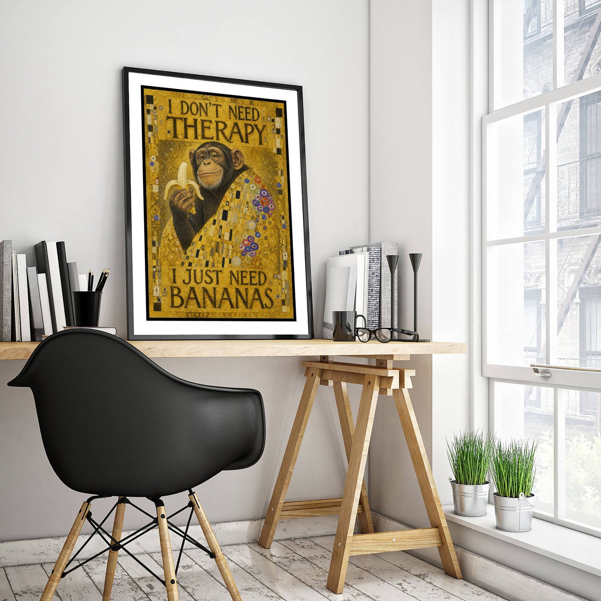 Chimp Art Print - I Don't Need Therapy I Just Need Bananas - Funny Quote Poster Illustration - Klimt 2/3