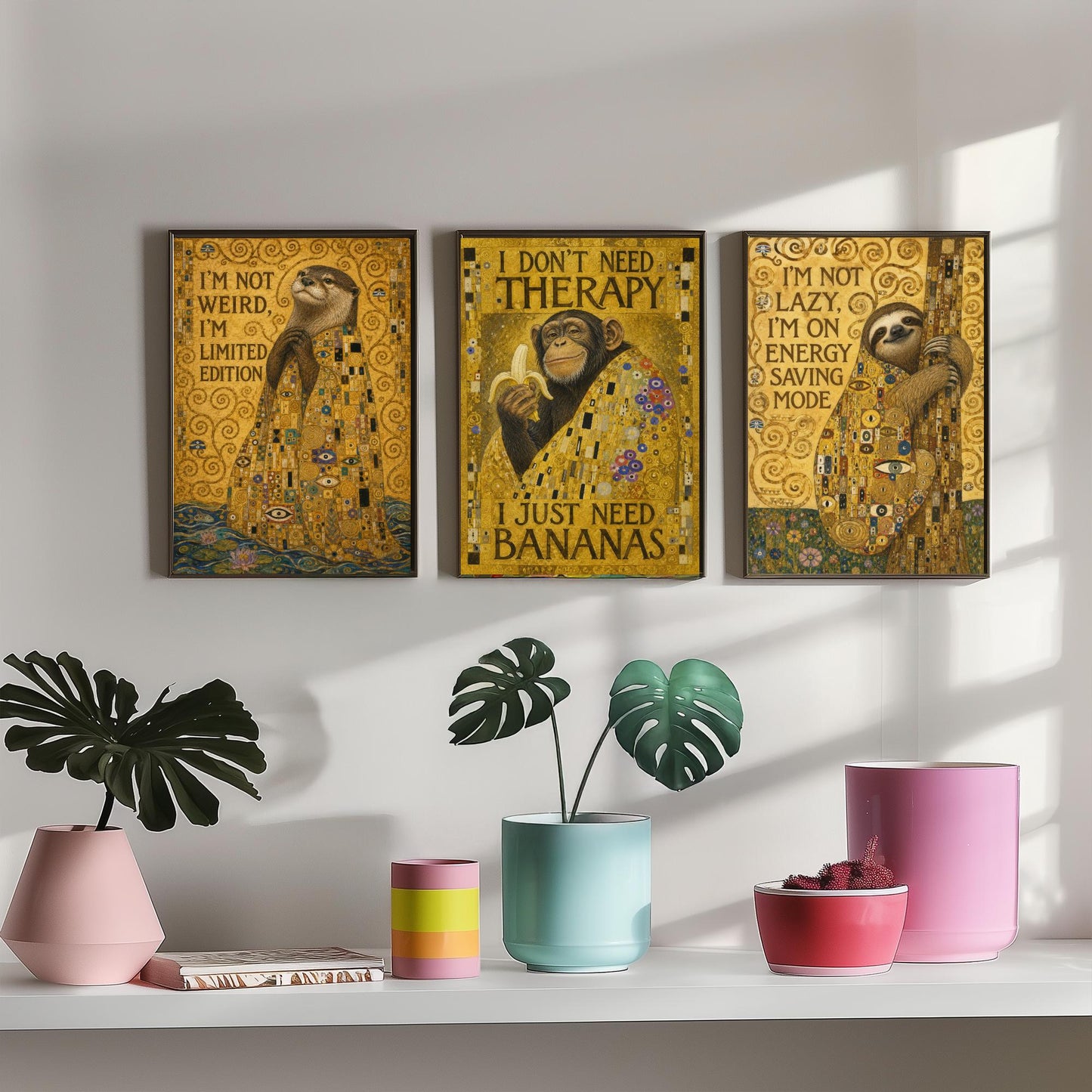 Klimt Animal Quotes Set of Three Art Prints - Otter, Chimp, Sloth - Funny Gold Poster Wall Art Gift Painting Humour Decor