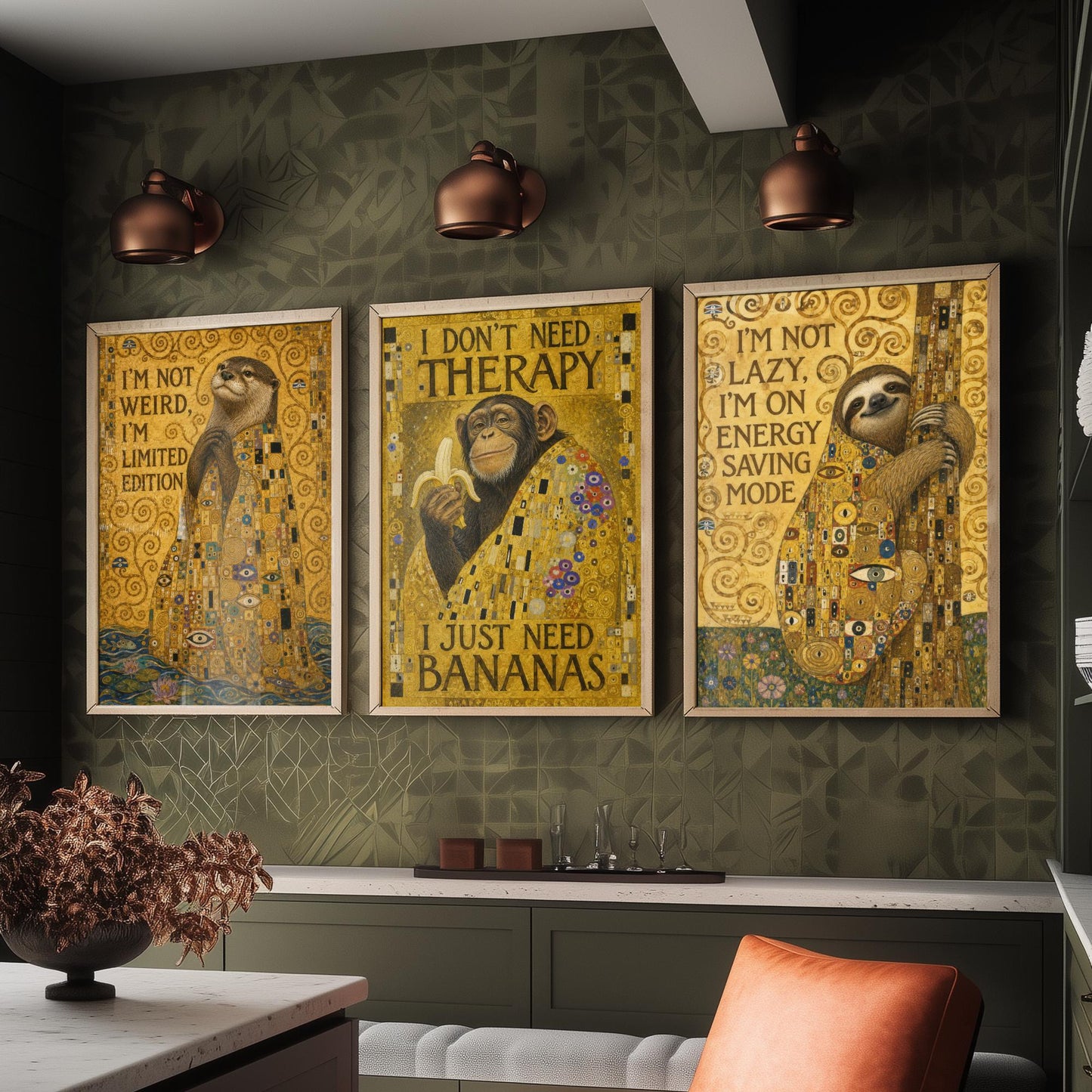 Klimt Animal Quotes Set of Three Art Prints - Otter, Chimp, Sloth - Funny Gold Poster Wall Art Gift Painting Humour Decor