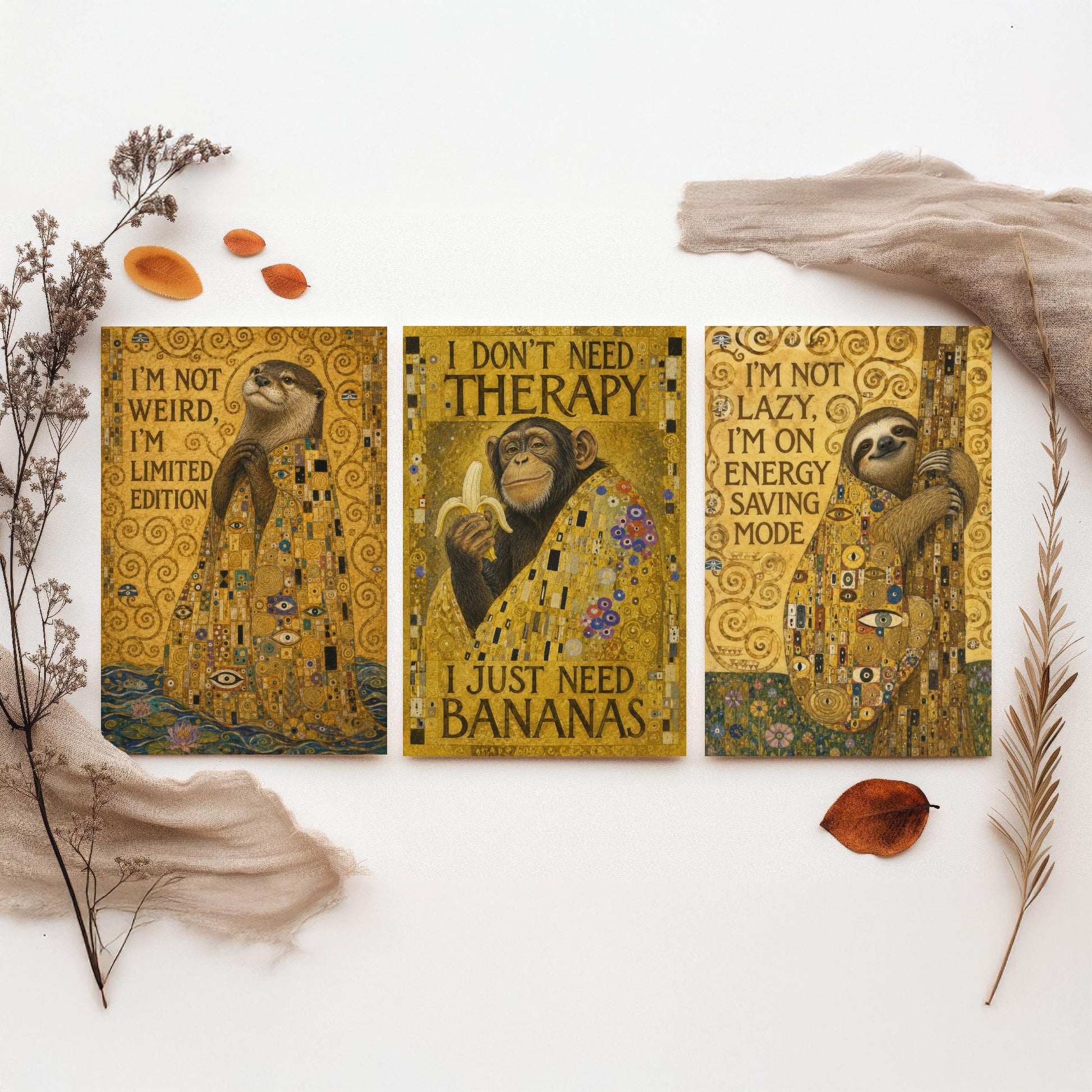 Klimt Animal Quotes Set of Three Art Prints - Otter, Chimp, Sloth - Funny Gold Poster Wall Art Gift Painting Humour Decor