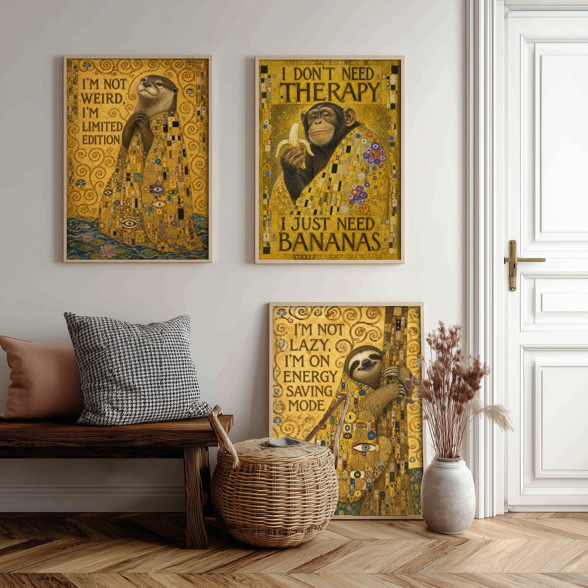 Klimt Animal Quotes Set of Three Art Prints - Otter, Chimp, Sloth - Funny Gold Poster Wall Art Gift Painting Humour Decor