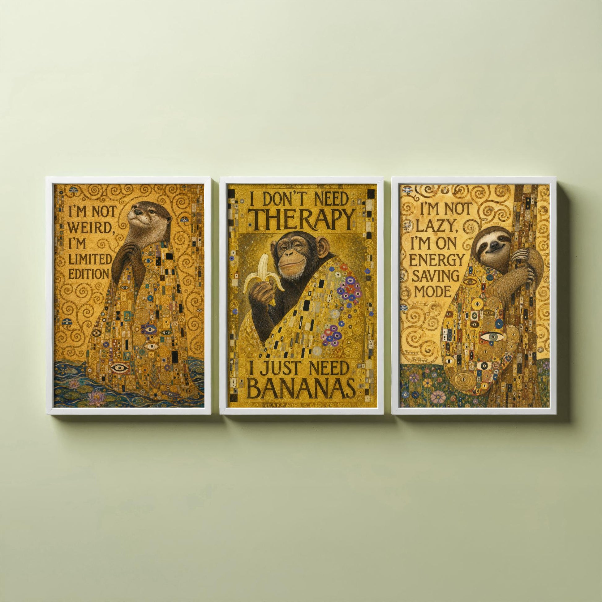 Klimt Animal Quotes Set of Three Art Prints - Otter, Chimp, Sloth - Funny Gold Poster Wall Art Gift Painting Humour Decor