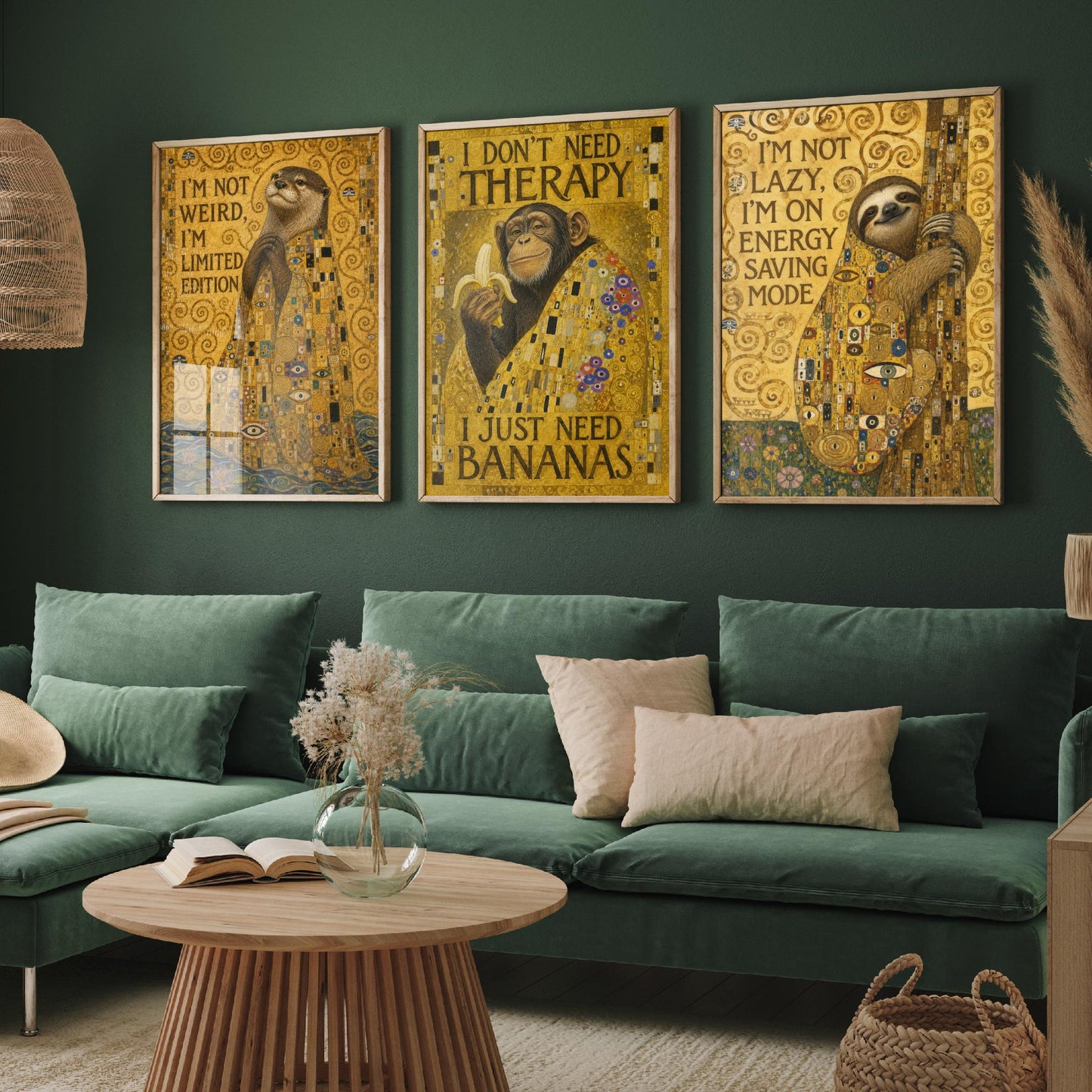 Klimt Animal Quotes Set of Three Art Prints - Otter, Chimp, Sloth - Funny Gold Poster Wall Art Gift Painting Humour Decor
