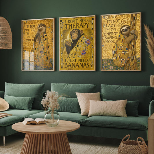 Klimt Animal Quotes Set of Three Art Prints - Otter, Chimp, Sloth - Funny Gold Poster Wall Art Gift Painting Humour Decor