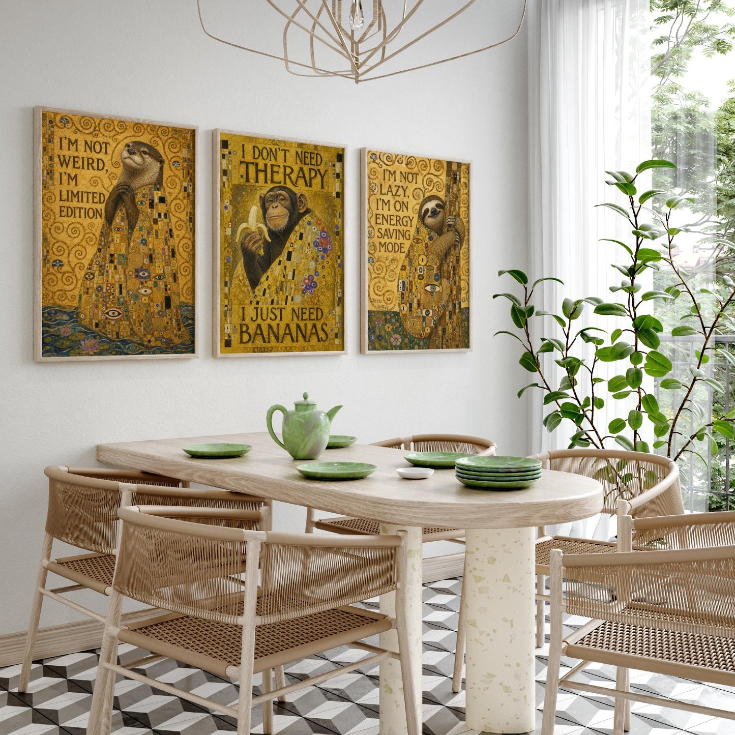 Klimt Animal Quotes Set of Three Art Prints - Otter, Chimp, Sloth - Funny Gold Poster Wall Art Gift Painting Humour Decor
