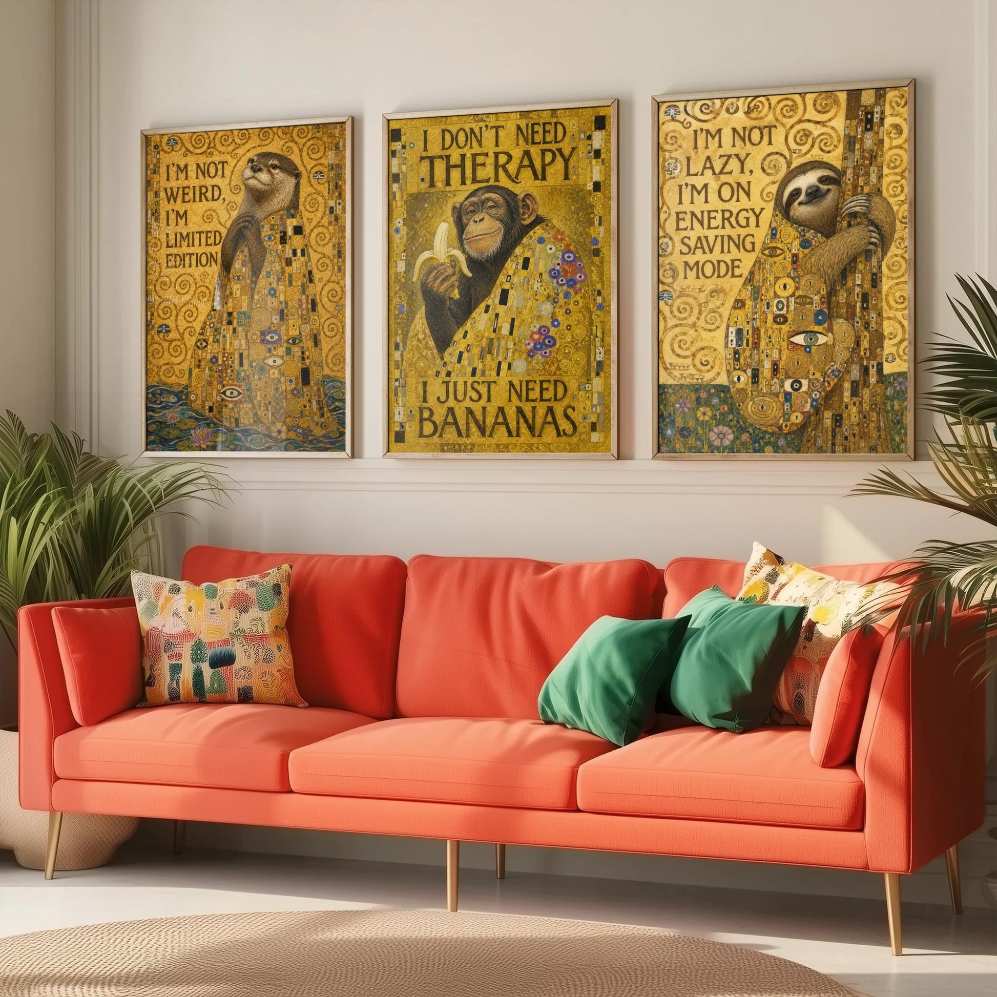 Klimt Animal Quotes Set of Three Art Prints - Otter, Chimp, Sloth - Funny Gold Poster Wall Art Gift Painting Humour Decor