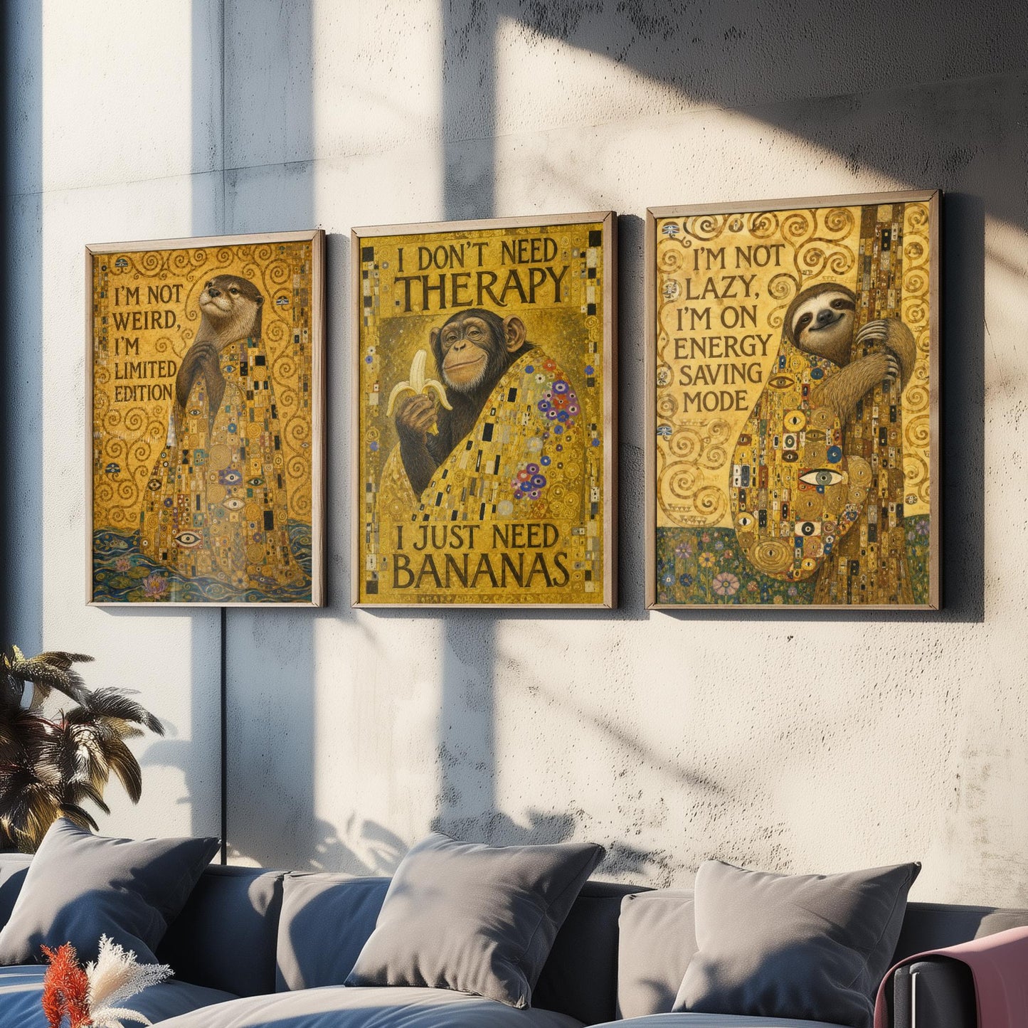 Klimt Animal Quotes Set of Three Art Prints - Otter, Chimp, Sloth - Funny Gold Poster Wall Art Gift Painting Humour Decor