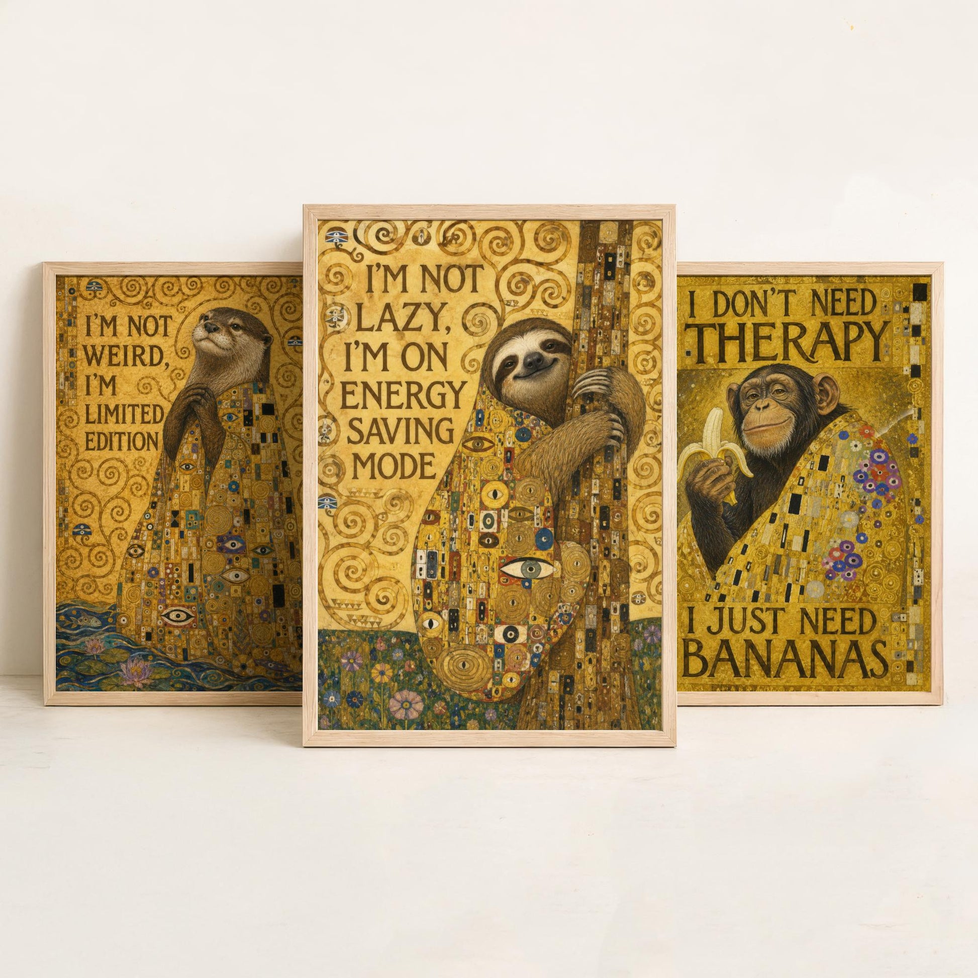 Klimt Animal Quotes Set of Three Art Prints - Otter, Chimp, Sloth - Funny Gold Poster Wall Art Gift Painting Humour Decor