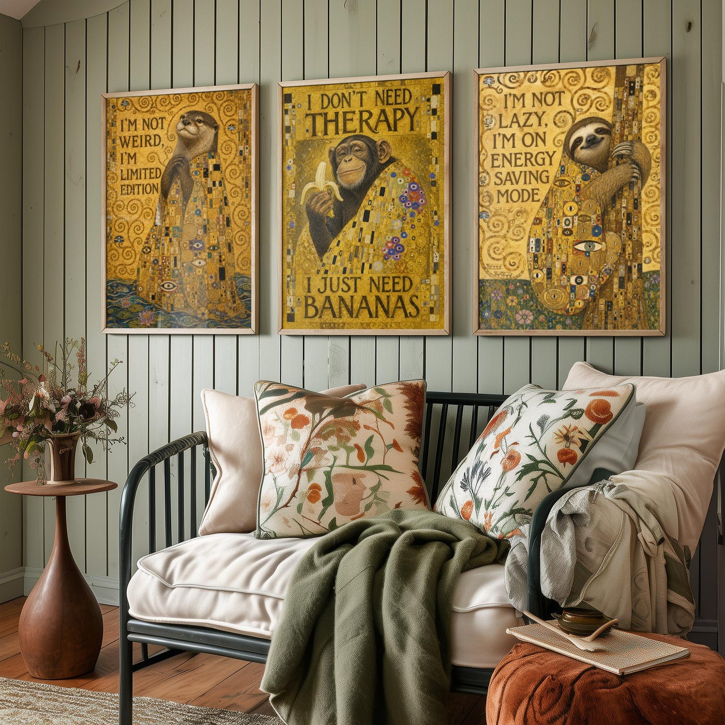 Klimt Animal Quotes Set of Three Art Prints - Otter, Chimp, Sloth - Funny Gold Poster Wall Art Gift Painting Humour Decor