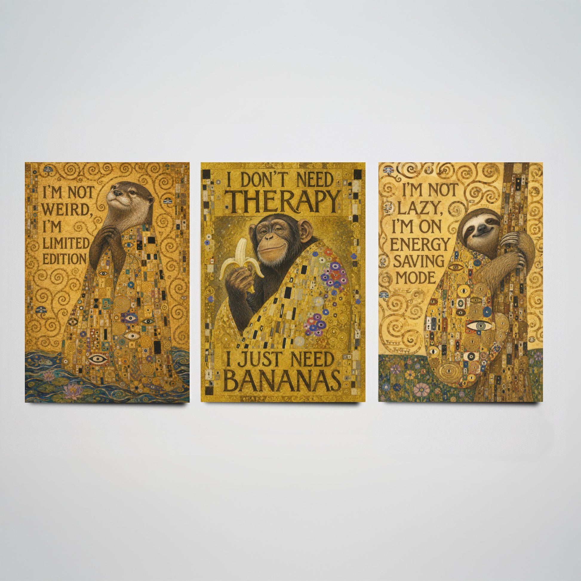 Klimt Animal Quotes Set of Three Art Prints - Otter, Chimp, Sloth - Funny Gold Poster Wall Art Gift Painting Humour Decor
