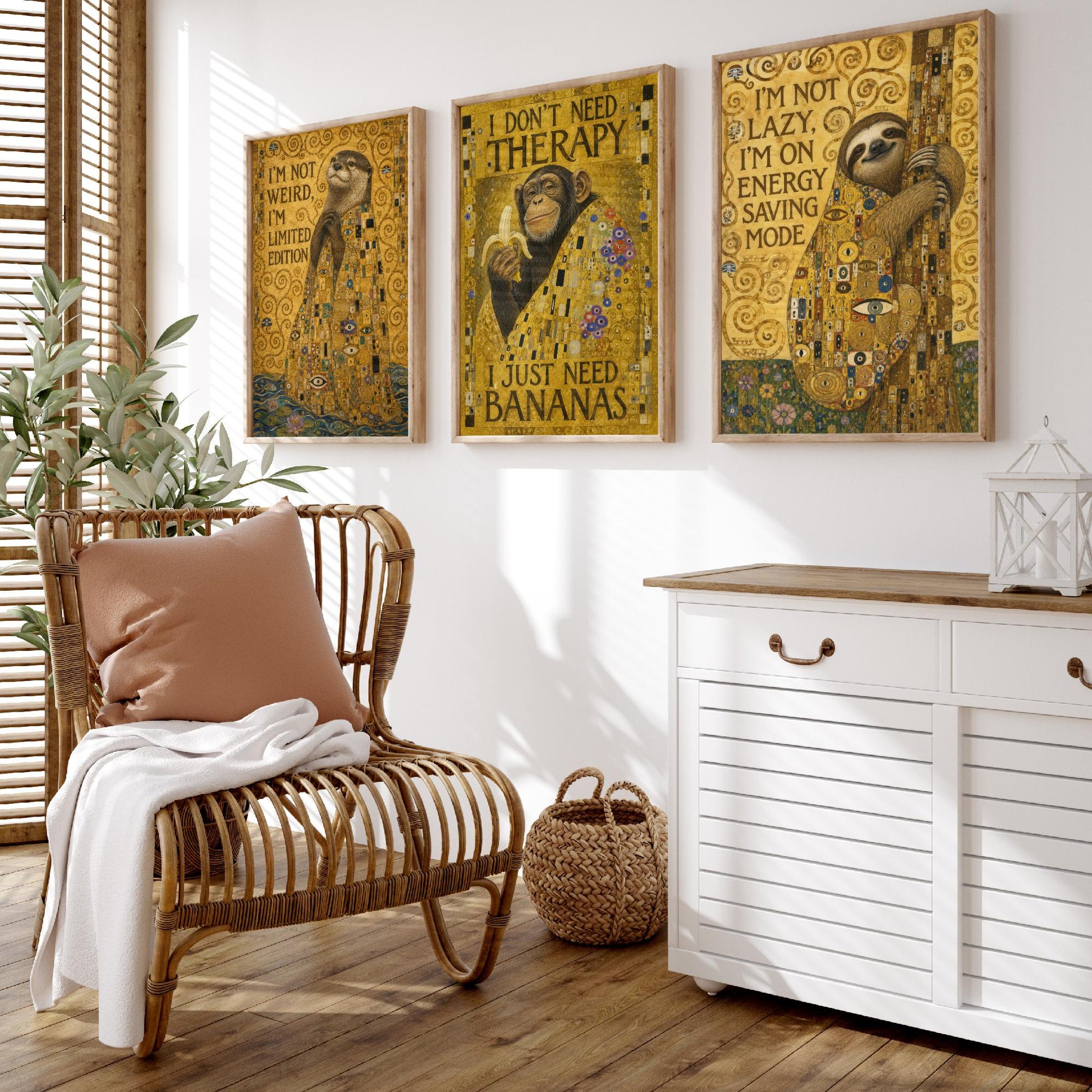 Klimt Animal Quotes Set of Three Art Prints - Otter, Chimp, Sloth - Funny Gold Poster Wall Art Gift Painting Humour Decor