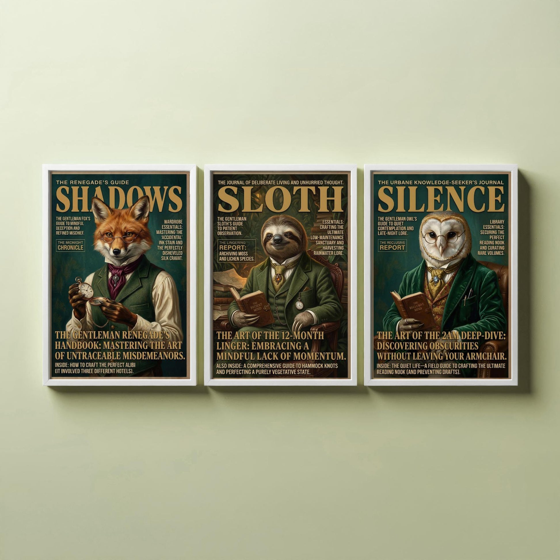 Animal Scholars Magazine Set of Three Art Prints - Fox, Sloth, Owl Portrait Posters - Dark Academia Illustration Painting