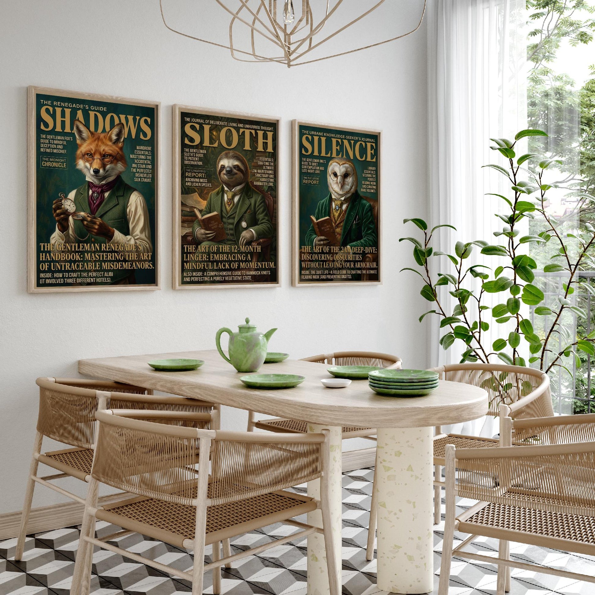 Animal Scholars Magazine Set of Three Art Prints - Fox, Sloth, Owl Portrait Posters - Dark Academia Illustration Painting