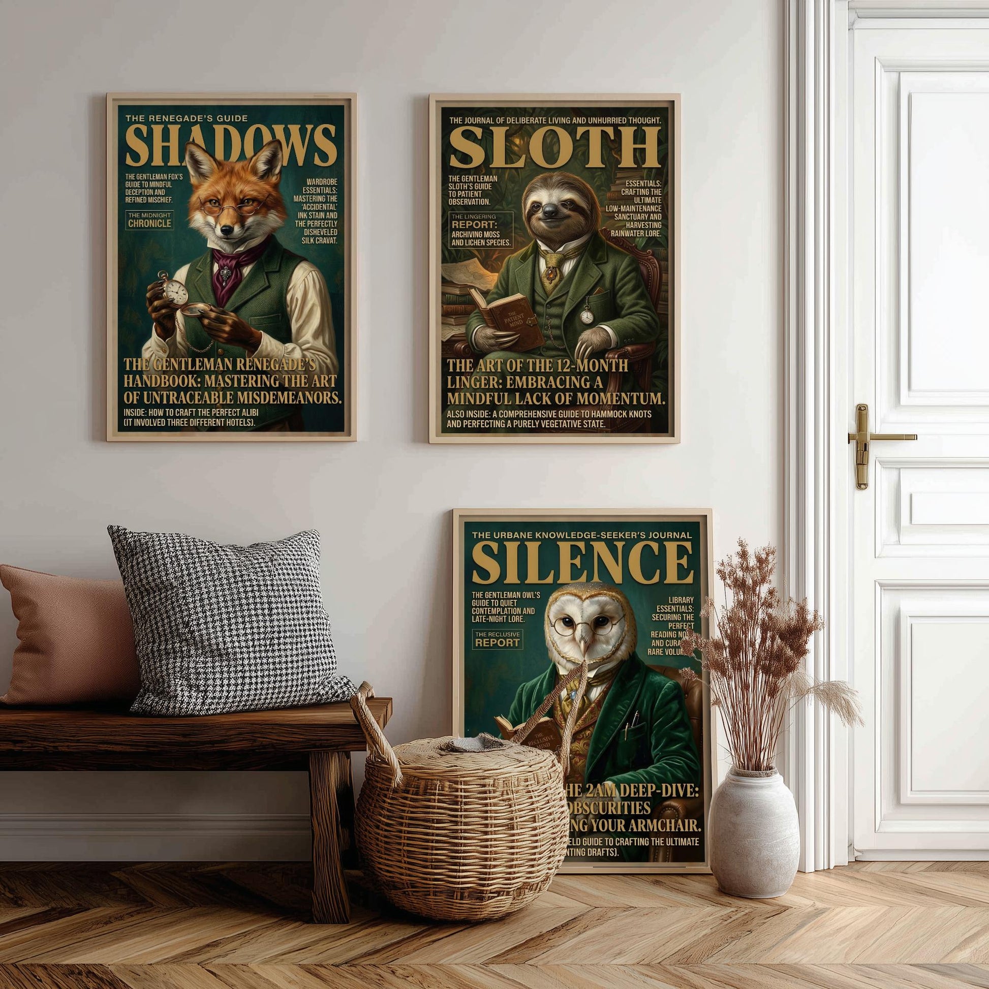 Animal Scholars Magazine Set of Three Art Prints - Fox, Sloth, Owl Portrait Posters - Dark Academia Illustration Painting