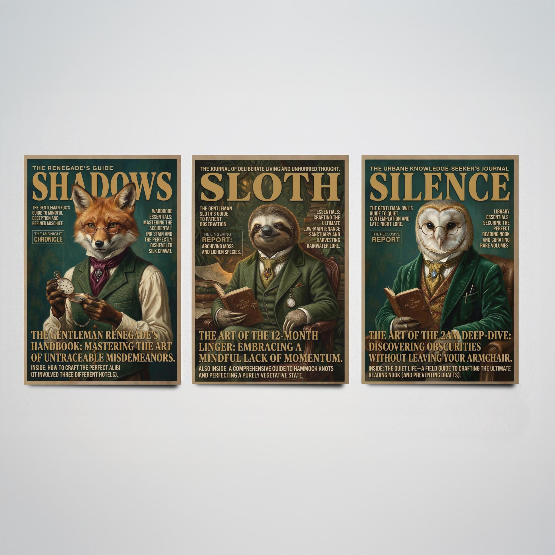 Animal Scholars Magazine Set of Three Art Prints - Fox, Sloth, Owl Portrait Posters - Dark Academia Illustration Painting