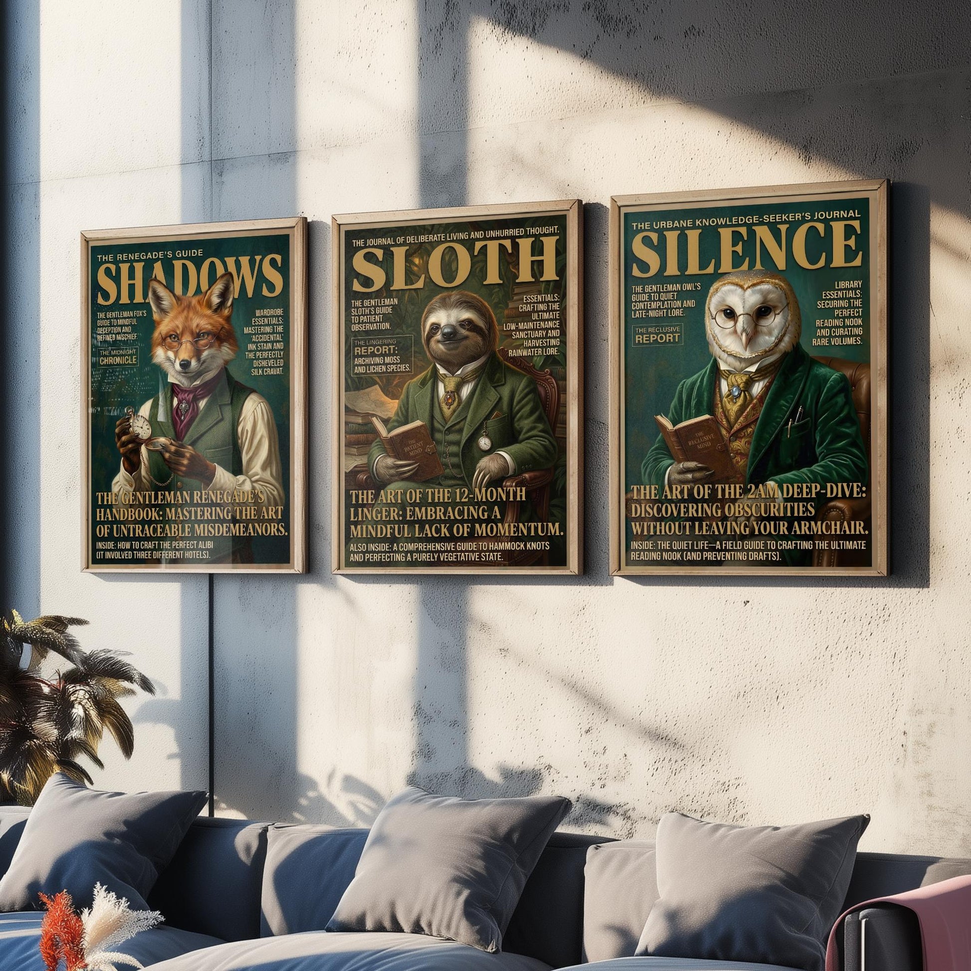 Animal Scholars Magazine Set of Three Art Prints - Fox, Sloth, Owl Portrait Posters - Dark Academia Illustration Painting