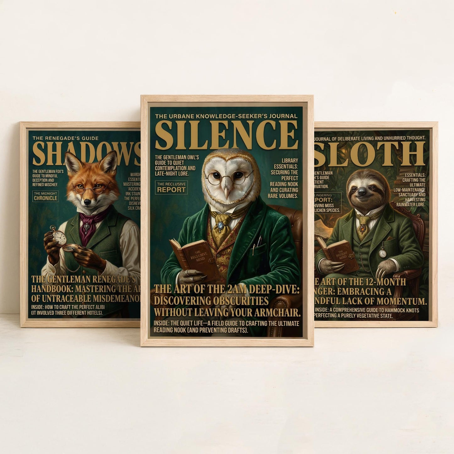 Animal Scholars Magazine Set of Three Art Prints - Fox, Sloth, Owl Portrait Posters - Dark Academia Illustration Painting