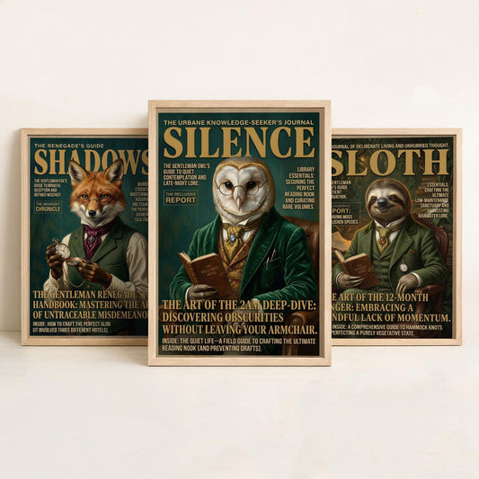 Animal Scholars Magazine Set of Three Art Prints - Fox, Sloth, Owl Portrait Posters - Dark Academia Illustration Painting