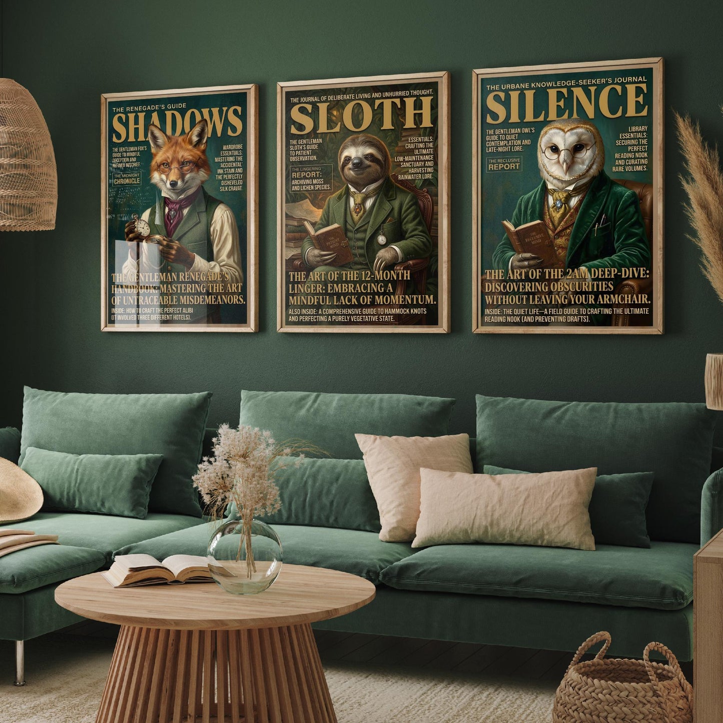 Animal Scholars Magazine Set of Three Art Prints - Fox, Sloth, Owl Portrait Posters - Dark Academia Illustration Painting