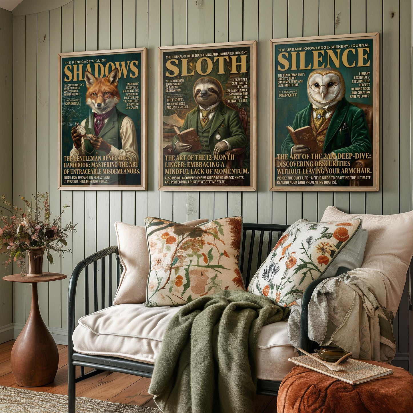 Animal Scholars Magazine Set of Three Art Prints - Fox, Sloth, Owl Portrait Posters - Dark Academia Illustration Painting