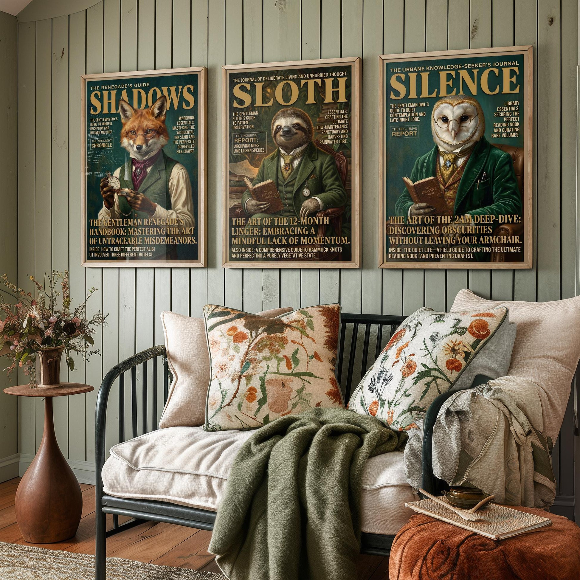 Animal Scholars Magazine Set of Three Art Prints - Fox, Sloth, Owl Portrait Posters - Dark Academia Illustration Painting
