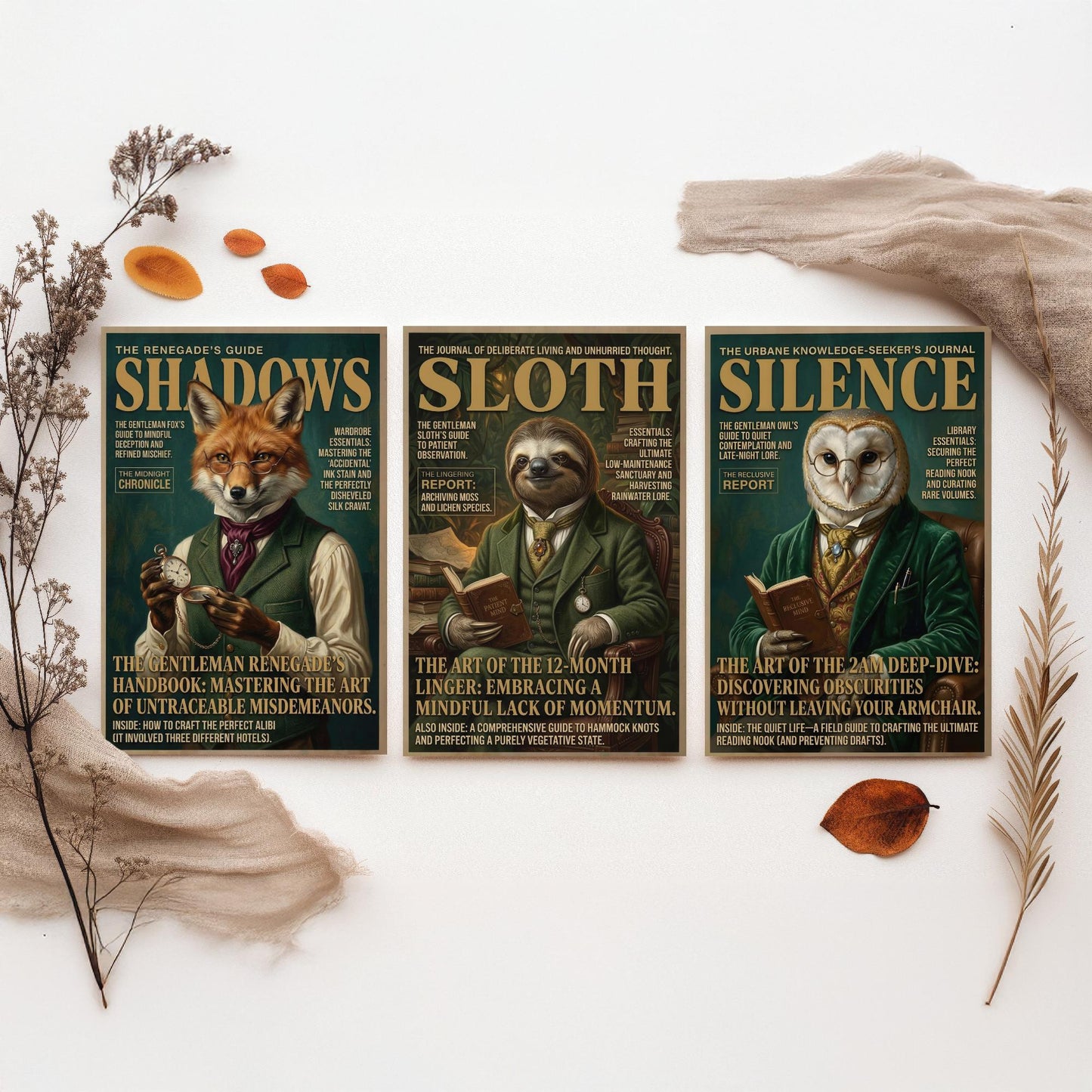 Animal Scholars Magazine Set of Three Art Prints - Fox, Sloth, Owl Portrait Posters - Dark Academia Illustration Painting