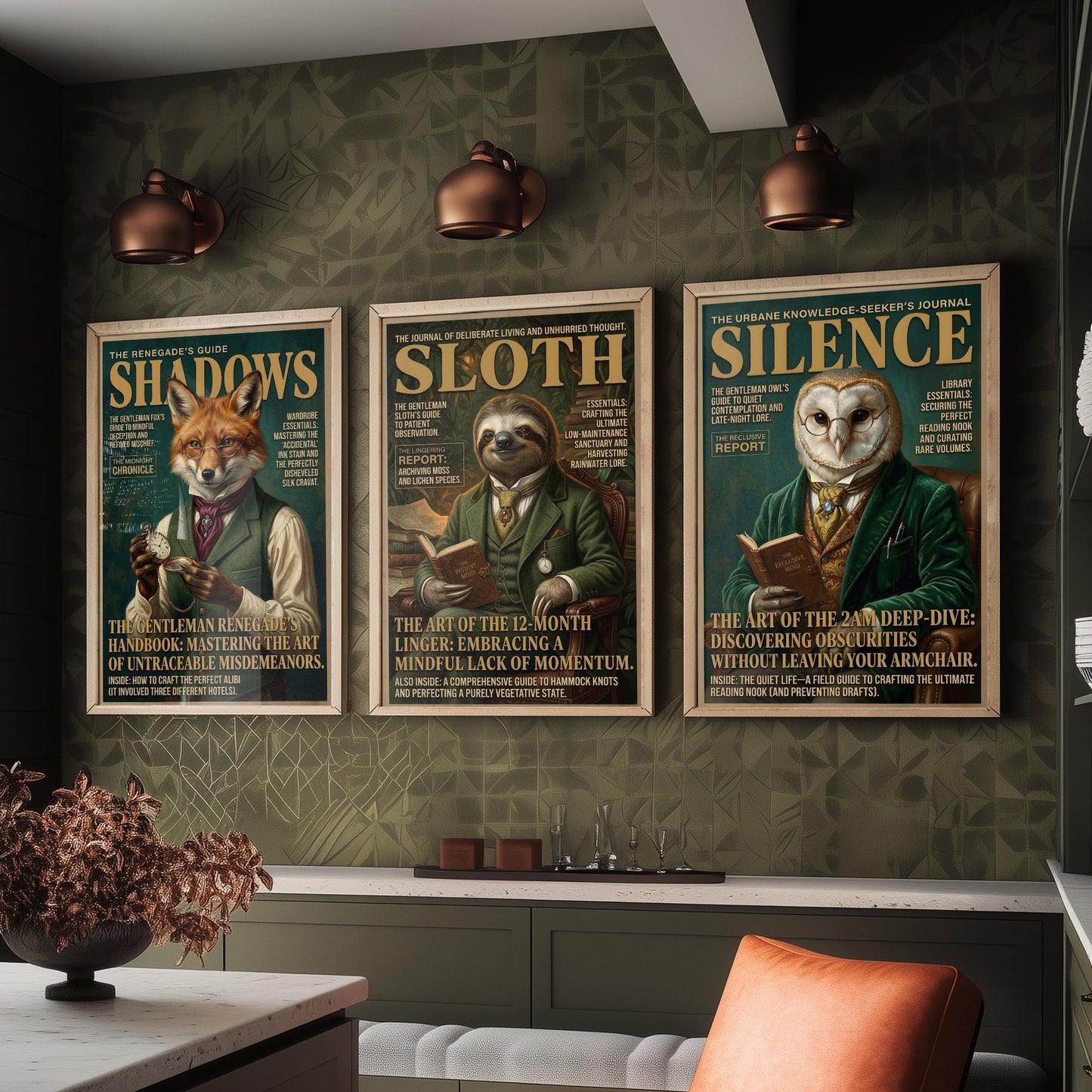 Animal Scholars Magazine Set of Three Art Prints - Fox, Sloth, Owl Portrait Posters - Dark Academia Illustration Painting