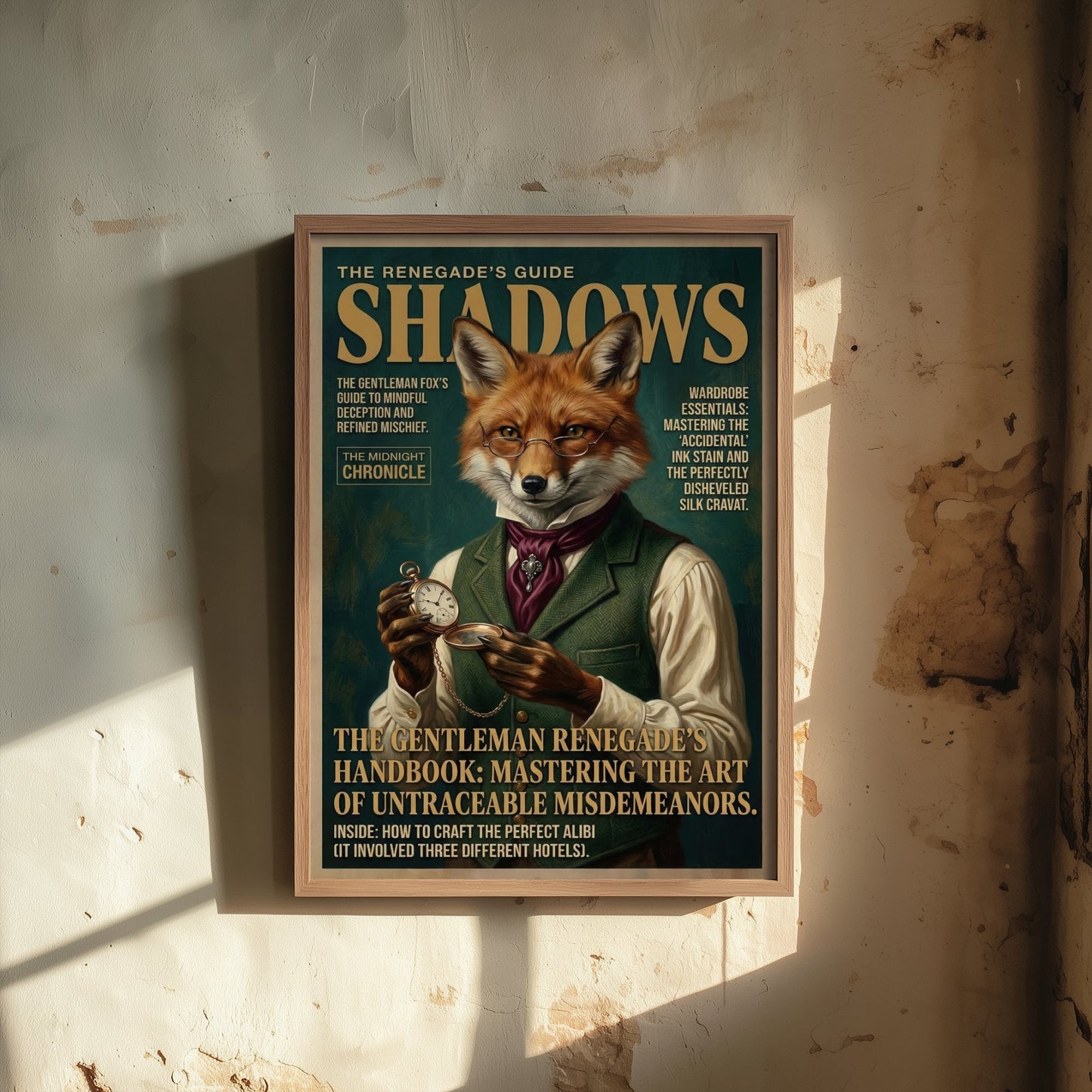 Fox Magazine Cover Art Print - Dark Academia Illustration - Gentleman Fox Vintage Poster 1/3
