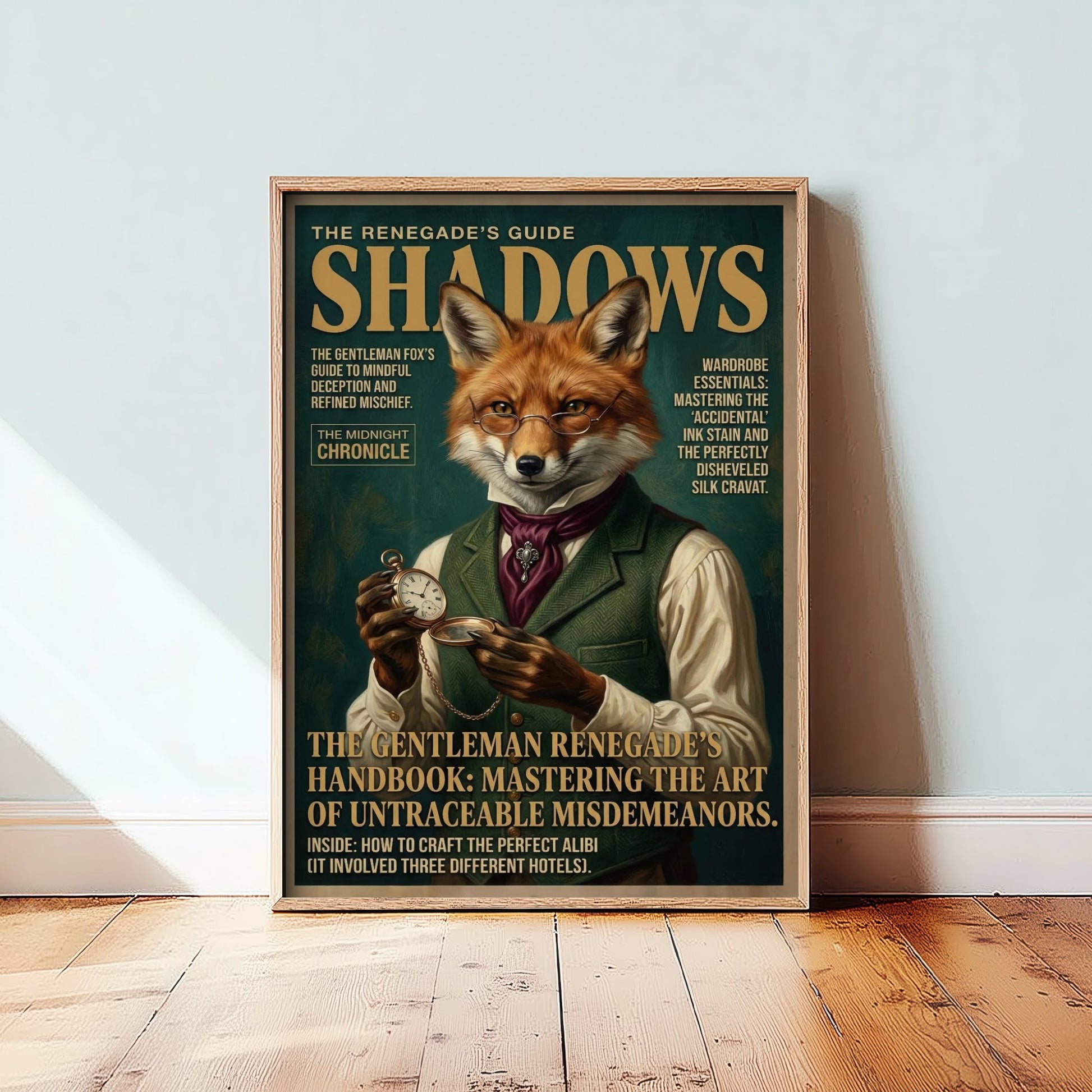 Fox Magazine Cover Art Print - Dark Academia Illustration - Gentleman Fox Vintage Poster 1/3