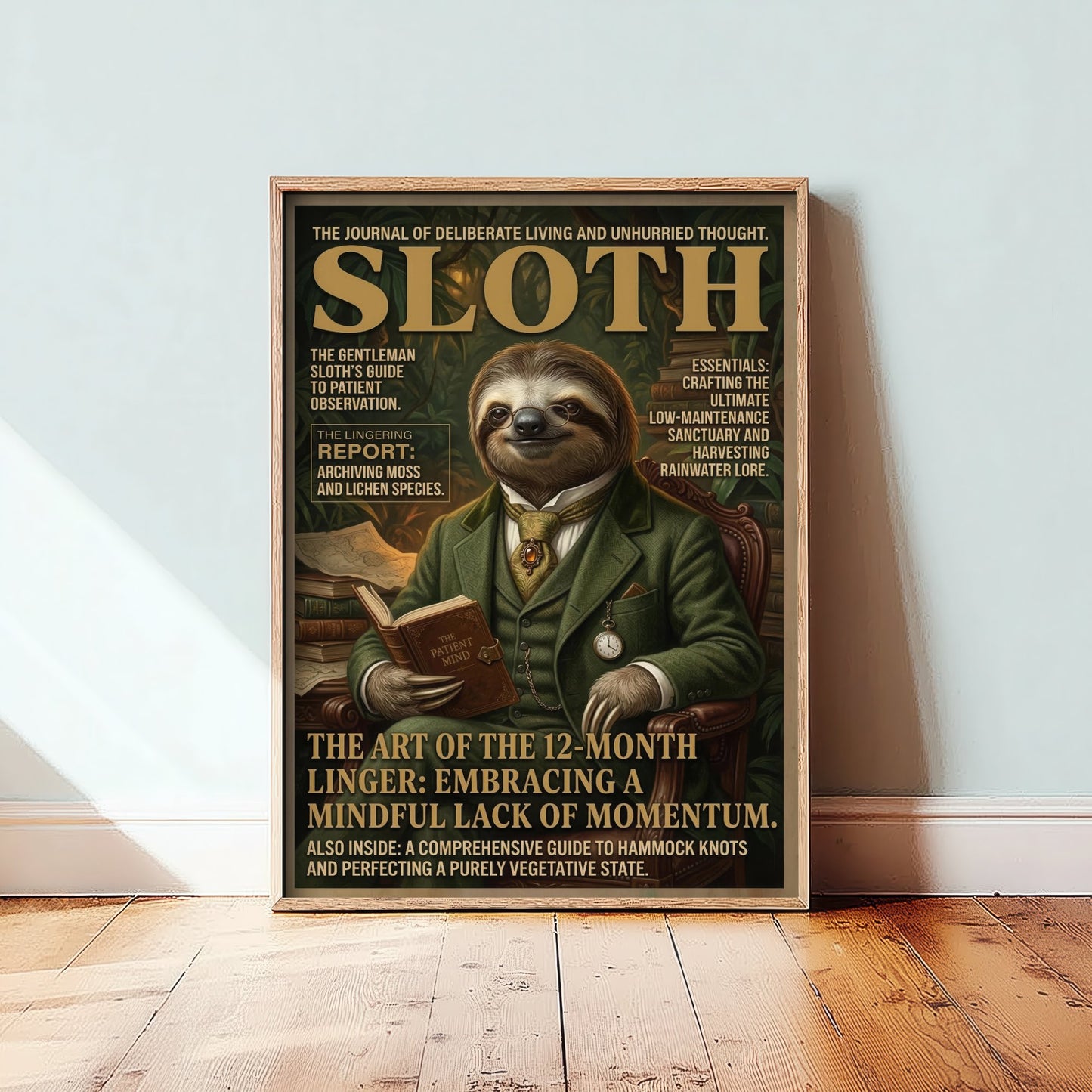 Sloth Magazine Cover Art Print - Dark Academia Illustration - Gentleman Sloth Vintage Poster 2/3