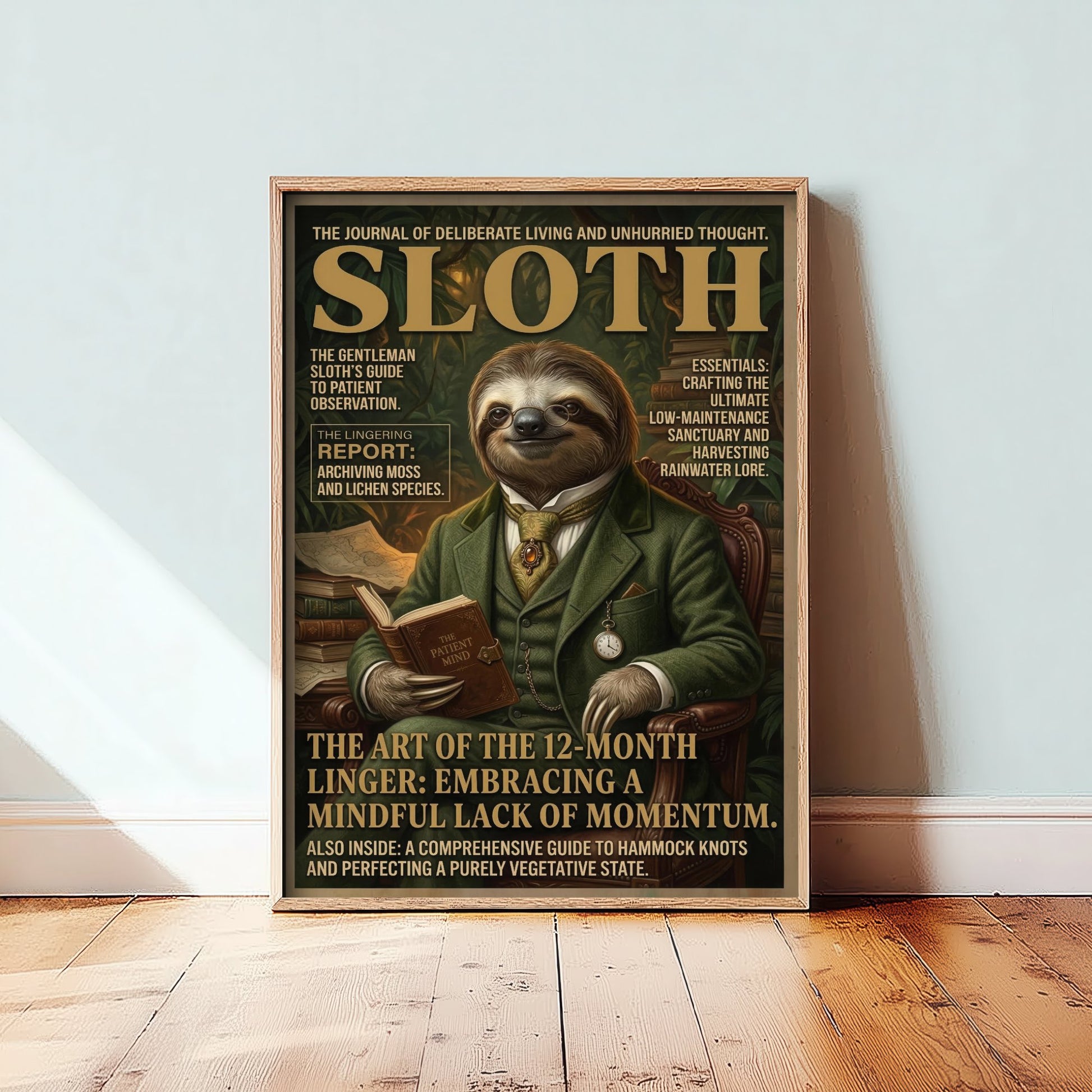 Sloth Magazine Cover Art Print - Dark Academia Illustration - Gentleman Sloth Vintage Poster 2/3