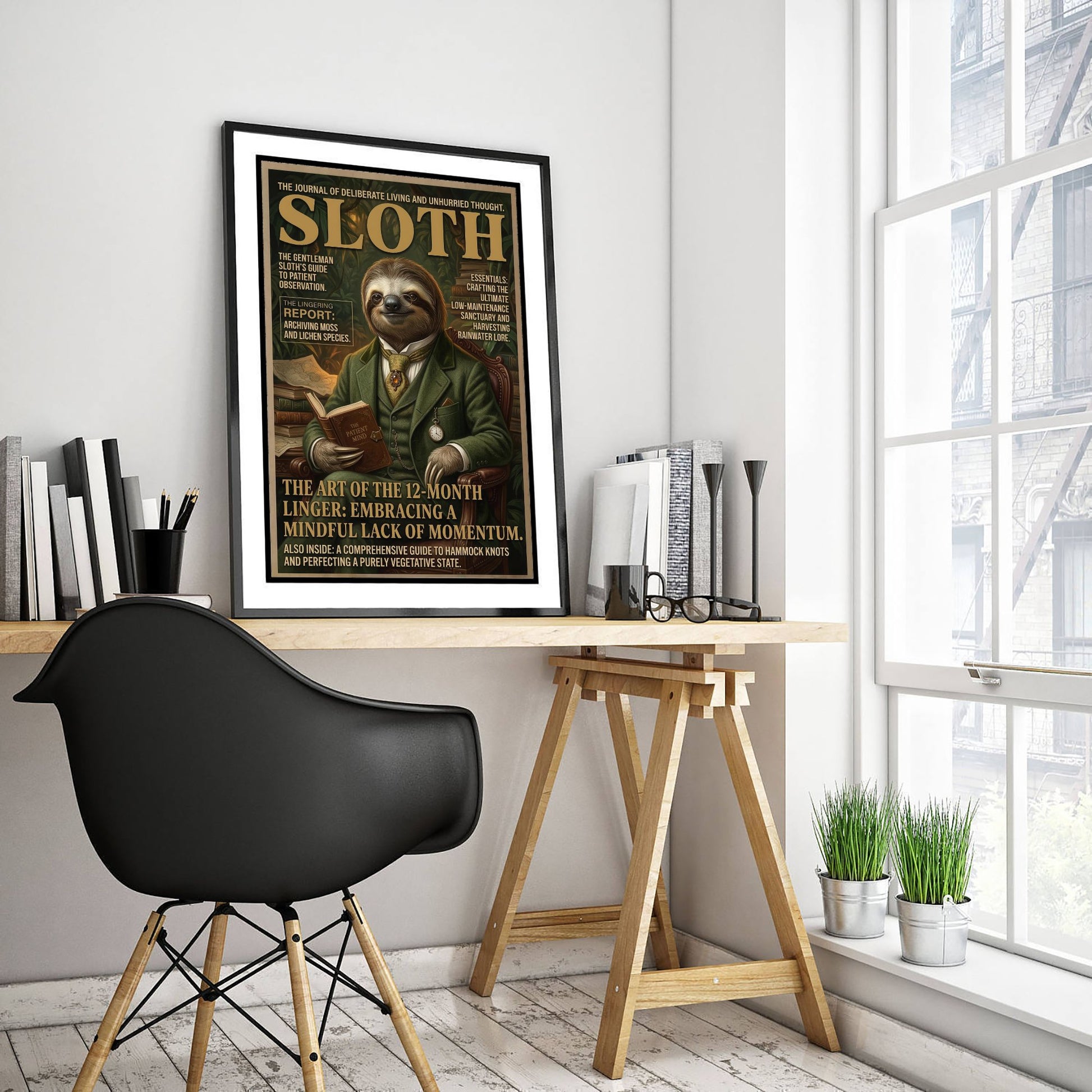 Sloth Magazine Cover Art Print - Dark Academia Illustration - Gentleman Sloth Vintage Poster 2/3