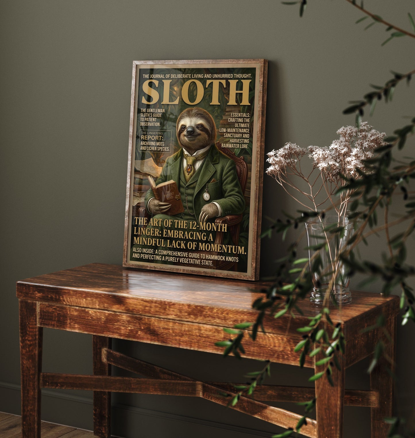 Sloth Magazine Cover Art Print - Dark Academia Illustration - Gentleman Sloth Vintage Poster 2/3
