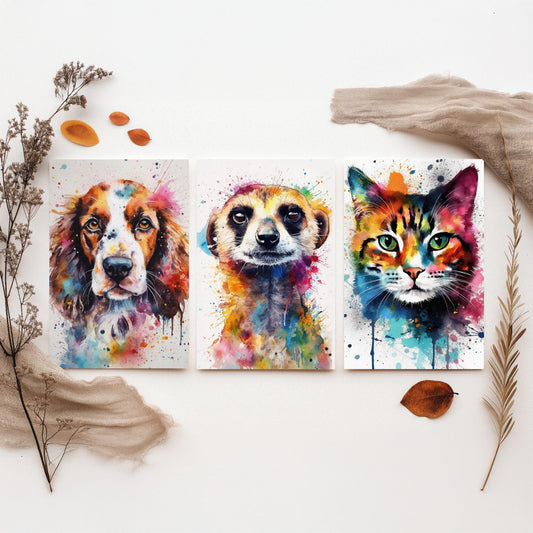 Watercolour Animal Faces Set of Three Art Prints - Dog, Meerkat, Cat - Rainbow Splash Pet Portrait Painting Poster