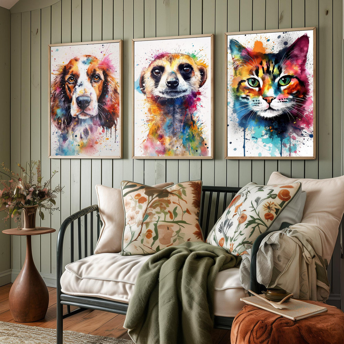 Watercolour Animal Faces Set of Three Art Prints - Dog, Meerkat, Cat - Rainbow Splash Pet Portrait Painting Poster
