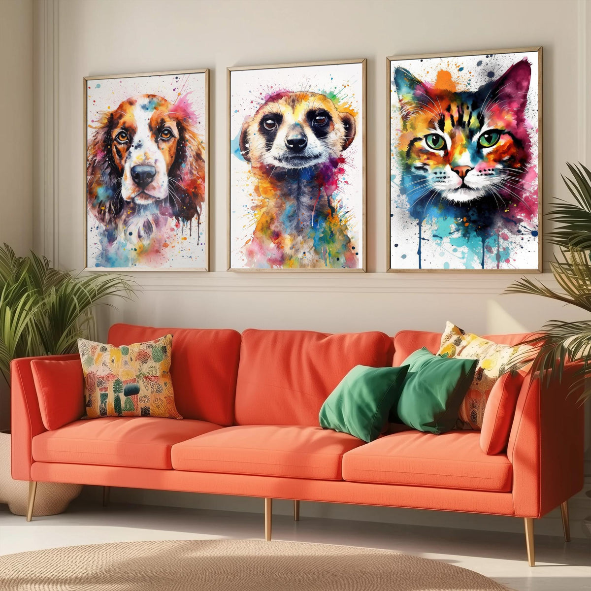 Watercolour Animal Faces Set of Three Art Prints - Dog, Meerkat, Cat - Rainbow Splash Pet Portrait Painting Poster