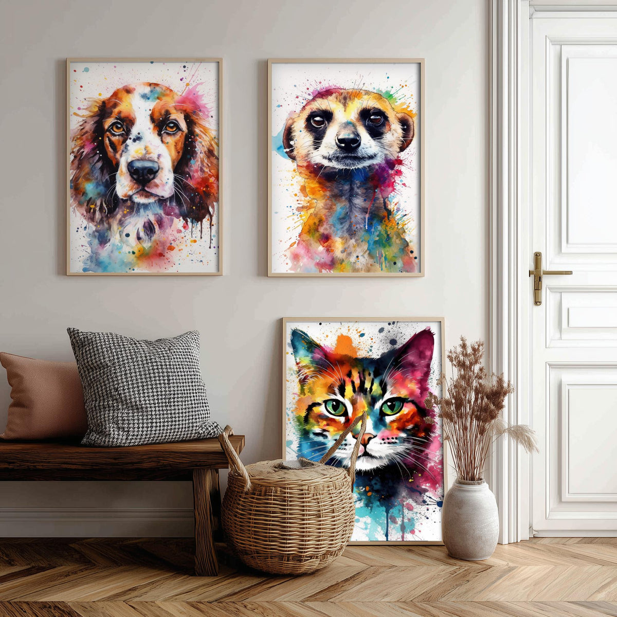 Watercolour Animal Faces Set of Three Art Prints - Dog, Meerkat, Cat - Rainbow Splash Pet Portrait Painting Poster