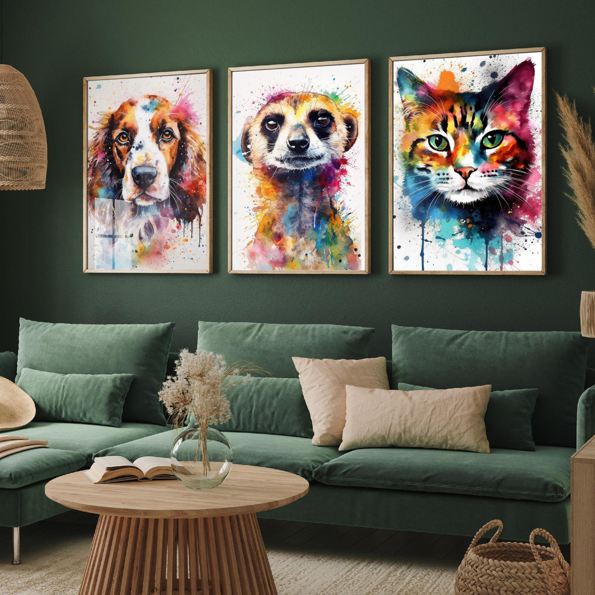 Watercolour Animal Faces Set of Three Art Prints - Dog, Meerkat, Cat - Rainbow Splash Pet Portrait Painting Poster