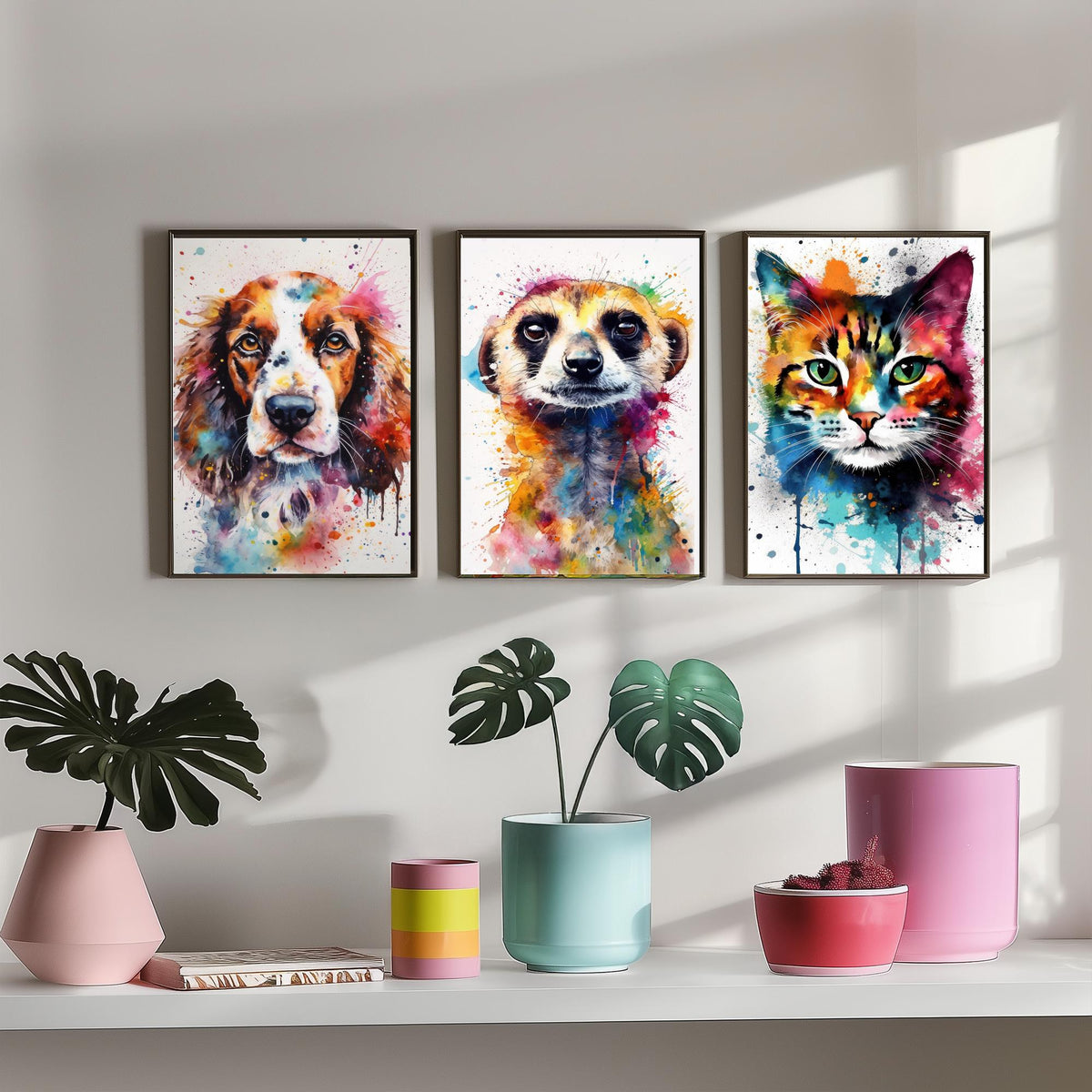 Watercolour Animal Faces Set of Three Art Prints - Dog, Meerkat, Cat - Rainbow Splash Pet Portrait Painting Poster