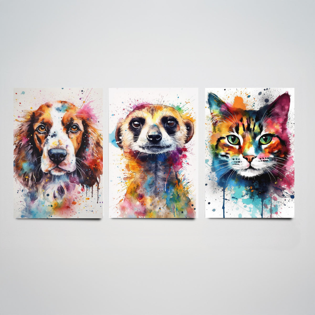 Watercolour Animal Faces Set of Three Art Prints - Dog, Meerkat, Cat - Rainbow Splash Pet Portrait Painting Poster