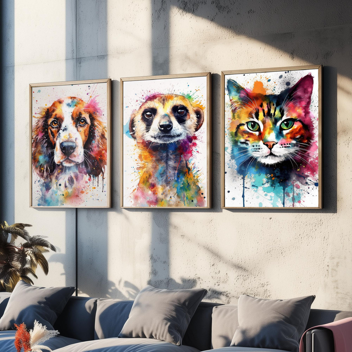 Watercolour Animal Faces Set of Three Art Prints - Dog, Meerkat, Cat - Rainbow Splash Pet Portrait Painting Poster