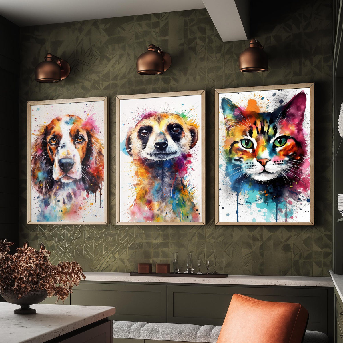 Watercolour Animal Faces Set of Three Art Prints - Dog, Meerkat, Cat - Rainbow Splash Pet Portrait Painting Poster