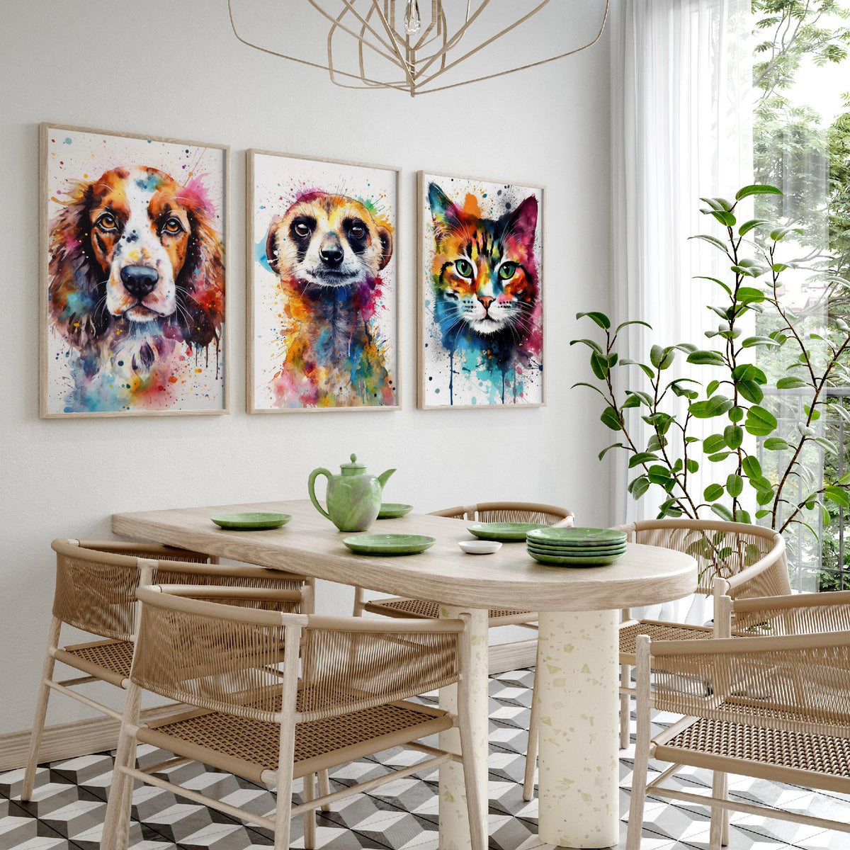 Watercolour Animal Faces Set of Three Art Prints - Dog, Meerkat, Cat - Rainbow Splash Pet Portrait Painting Poster